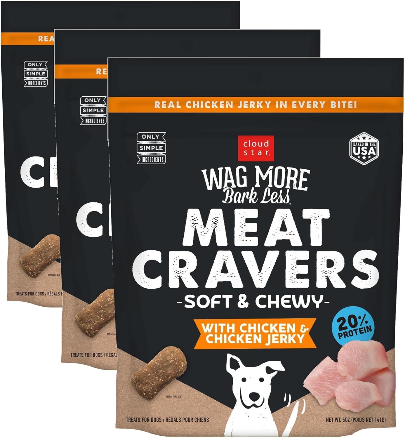 Cloud Star Wag More Bark Less Meat Cravers Soft Chews Dog Treats, Chicken 5 oz. Bag (Pack of 3)