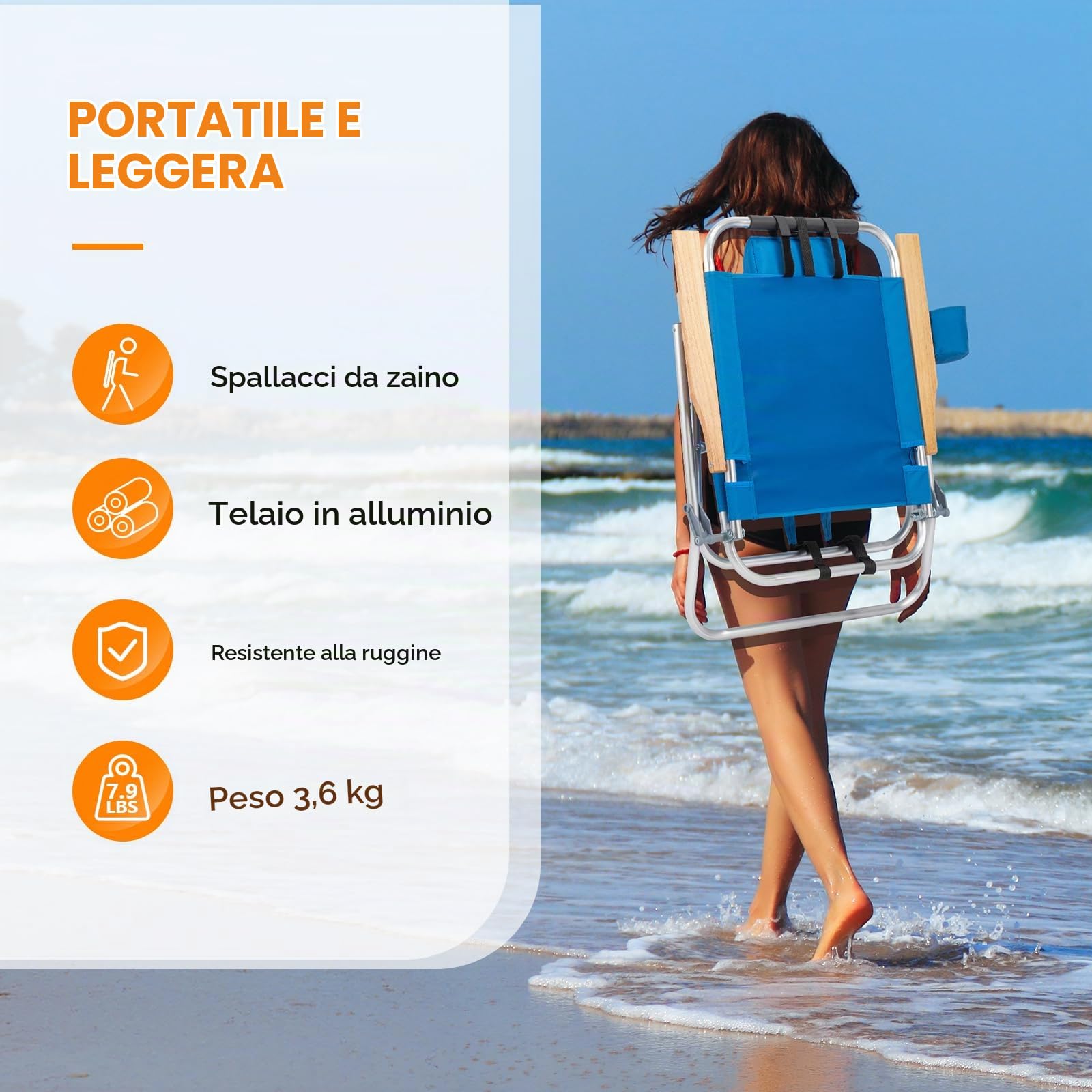 VINGLI Spiaggina Pieghevole e Portatile in Tessuto Oxford 3kg, Sedia Mare Regolabile in 3 Posizioni con Tracolla, Cuscino e Braccioli, Sdraio da Giardino, Balcone e Spiaggia, Blu