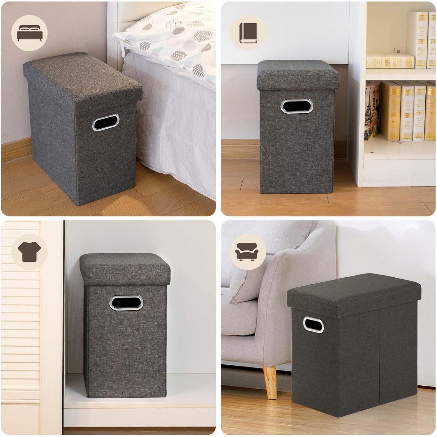 COSYLAND Ottoman with Storage Collapsible - Fabric Ottoman Footrest Foot Stool for Room Small Slim Tall Folding Furniture with Handles Lid Toy Chest Linen 16.5x16.5x10.6in Grey