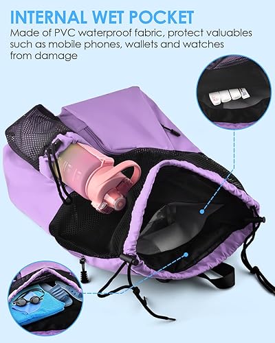 Miniatura 9 de BROTOU Bolsa de natación de malla con cordón, mochila de deportes acuáticos con bolsillo húmedoseco, mochila de playa para natación, surf, viajes