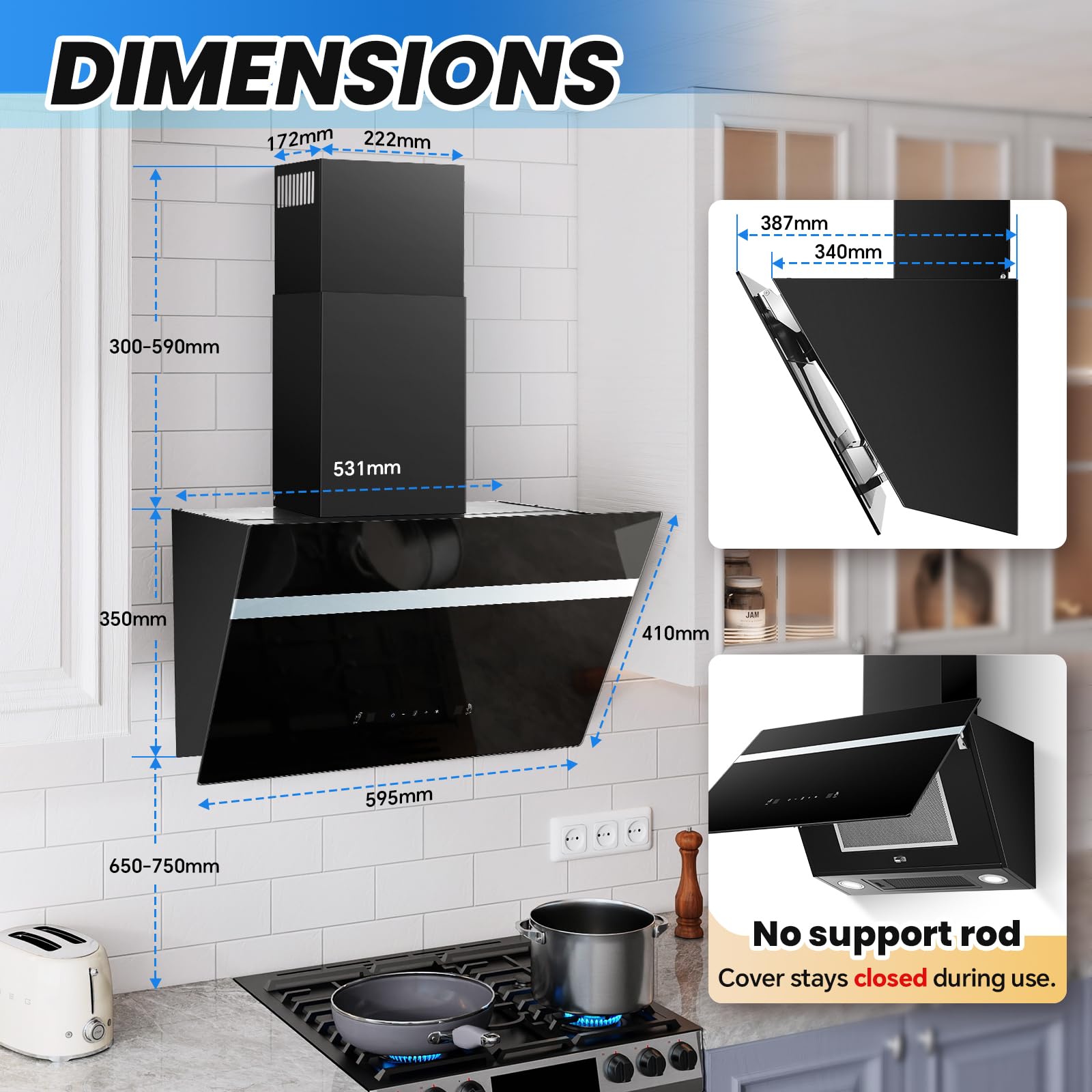 TopStrong Hotte Aspirante 60cm, 800m³/h Hotte de Cuisine inclinée Silencieuse, A+++ Hotte aspirante sans Evacuation ou Recyclage Inclus Filtres Charbon, 3 Vitesses + Boost Fonction, Commande Tactile
