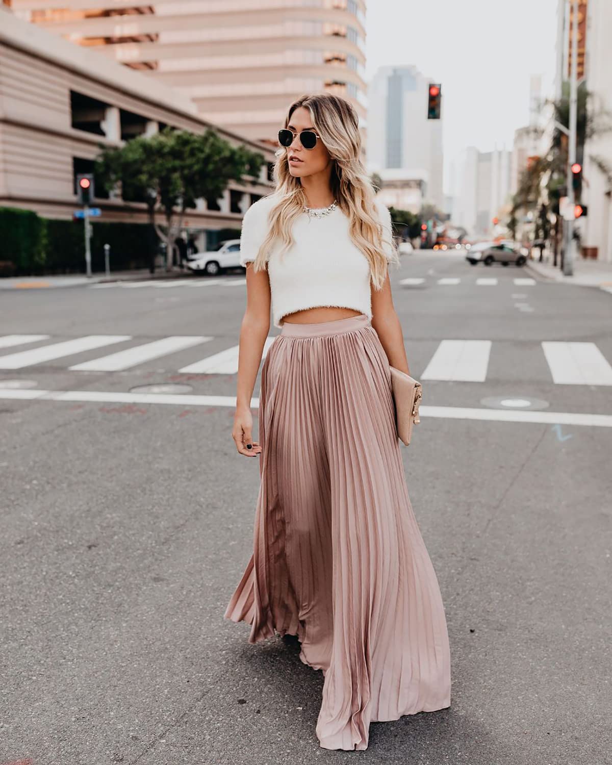 utcoco Elegante Maxi Gonna a Vita Alta Pieghettata Chiffon gonne Lunghe per Le Donne, Rosa, L