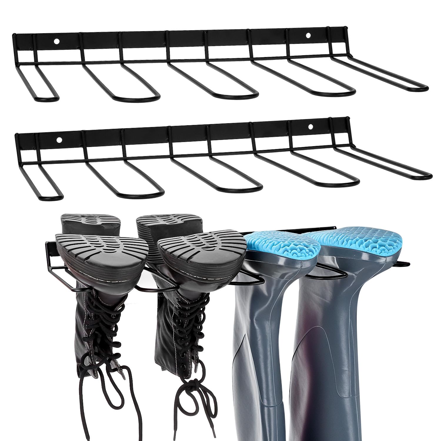 QWORK® 3 Packs Wall-Mounted Boot Rack - Metal Storage Stand for 6 Pairs - Space-Saving Shoe Organizer for Garage, Entryway