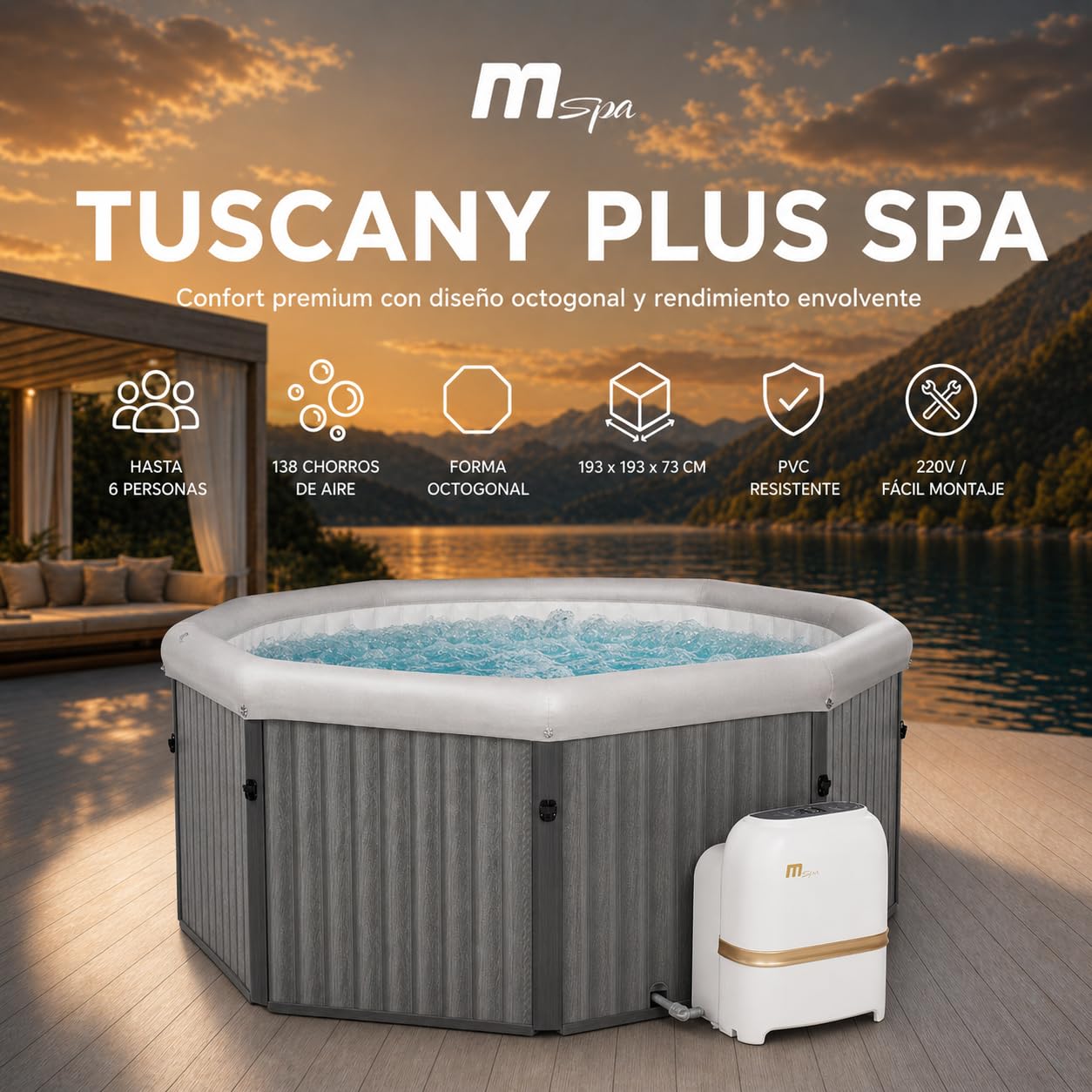MSpa Tuscany SPA rígido Octogonal 4-6 Personas con hidromasaje Air Jet, calefacción, filtración Inteligente y desinfección UVC