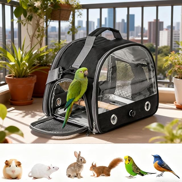 Foto 7 de 7 de Bolsa de transporte para pájaros con bandeja y poste de pie, caja de transporte para aves