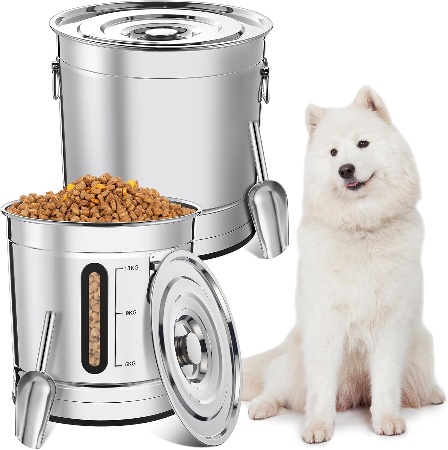 Maxdot 2 Pack 304 Stainless Steel Pet Food Storage Containers, 33lb/15kg & 55lb/25kg Extra Large Metal Dog Food Bins with Lids and Handle for Dogs Cats and Bird Feed, Odor-free, Easy to Clean