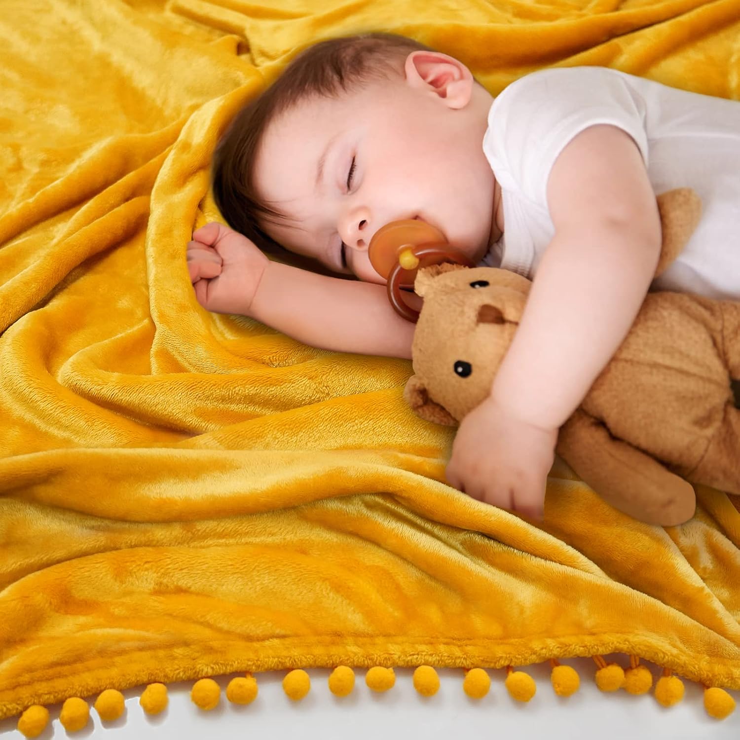 BT.WA Throw Blanket with Pompom Fringe Soft Cozy Flannel Blanket for Baby Kids Couch Sofa Bed Camping Travel Home Decor (Yellow, 40"x50")