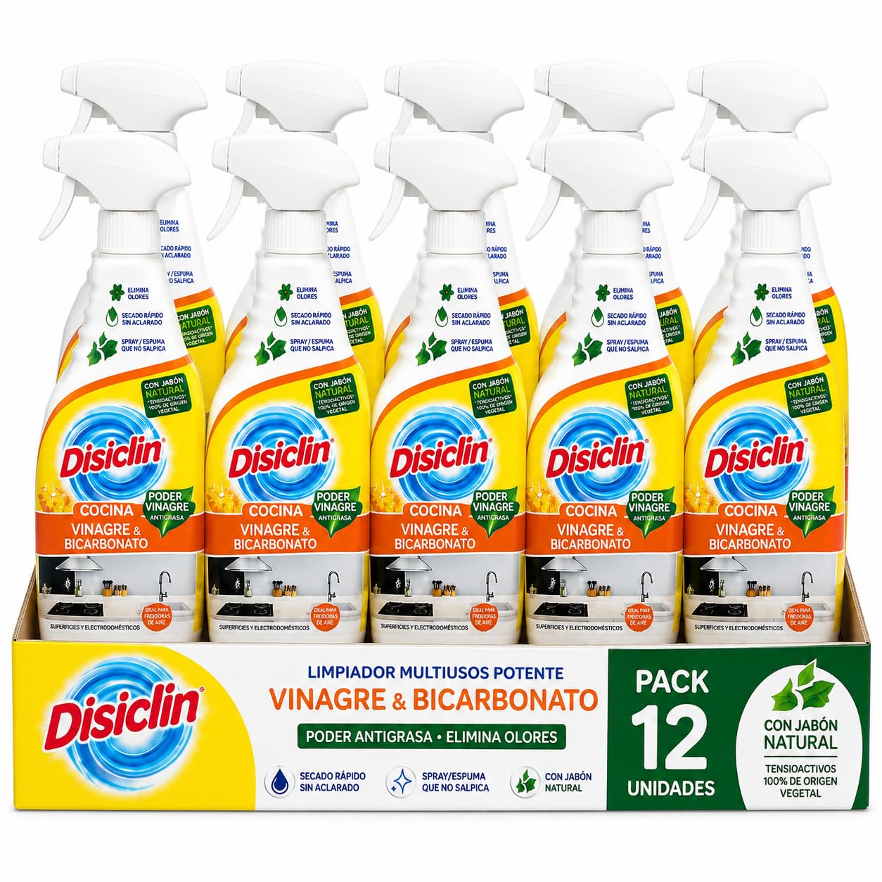 RASMACOR Spray Disclin Cocinas Vinagre y Bicarbonato 720 ml | Pack 12 Unidades | Limpiador Multiusos para Cocina | Limpieza de Encimeras, Campanas, Electrodomésticos y Superficies Lavable