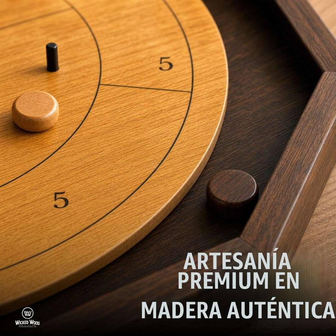 Wicked Wood Games Crokinole - Juego de mesa oficial de madera para 2-4 jugadores, juego completo con tabla, discos de 2 colores, tabla de puntuación e instrucciones (idioma español no garantizado