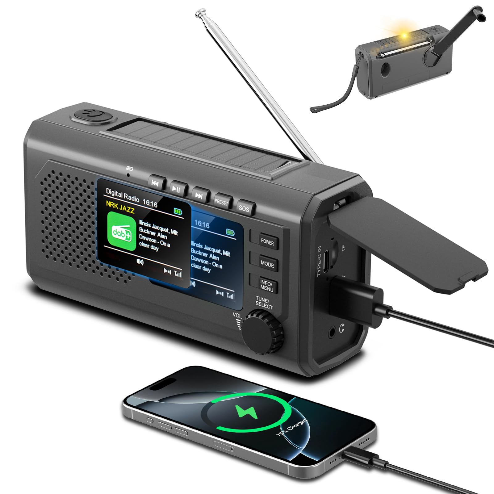 Radio di emergenza DAB+/FM con manovella, ricarica solare e USB, Bluetooth 5.3, radio a manovella con batteria da 2000 mAh, power bank, allarme SOS, lampada da lettura, sveglia, scheda TF per esterni
