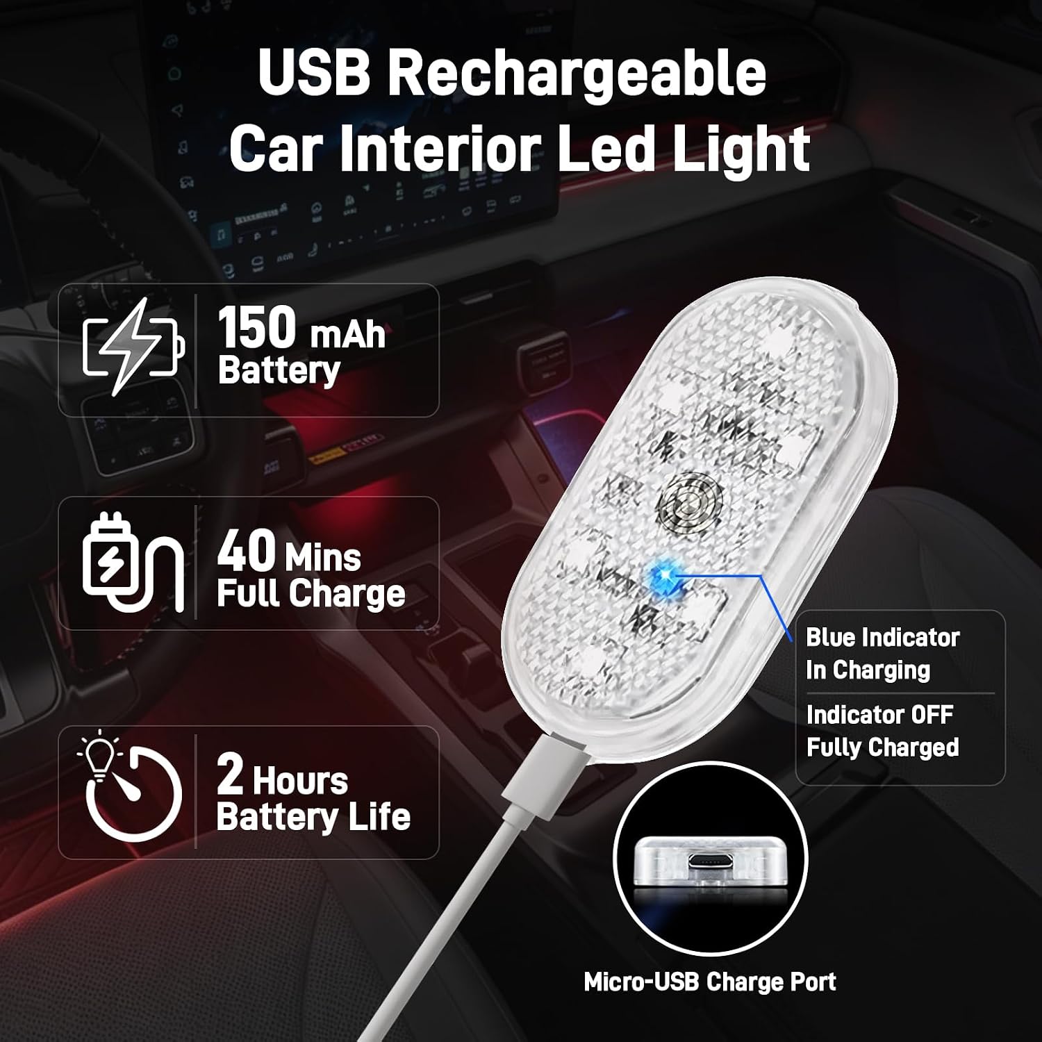 4PCS Wireless Car Led Interior Lights with Touch Control, 7 Colors Magnetic Car Dome Lamp, USB Rechargeable Cordless Footwell Ambient Light for Cars Truck Van,Cabinet, Wardrobe