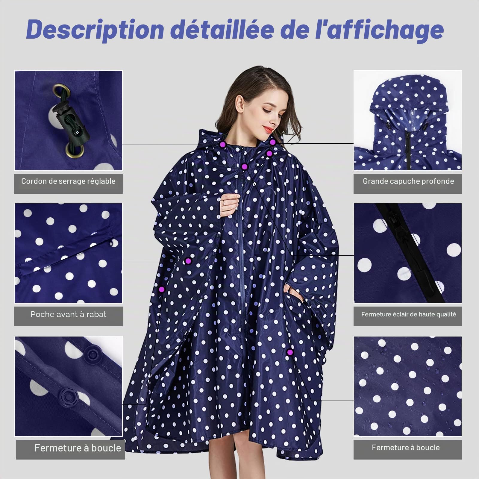 LAMA Poncho de pluie imperméable, léger et réutilisable, veste de pluie de randonnée avec capuche et pochette de transport pour adultes, femmes, hommes, activités de plein air