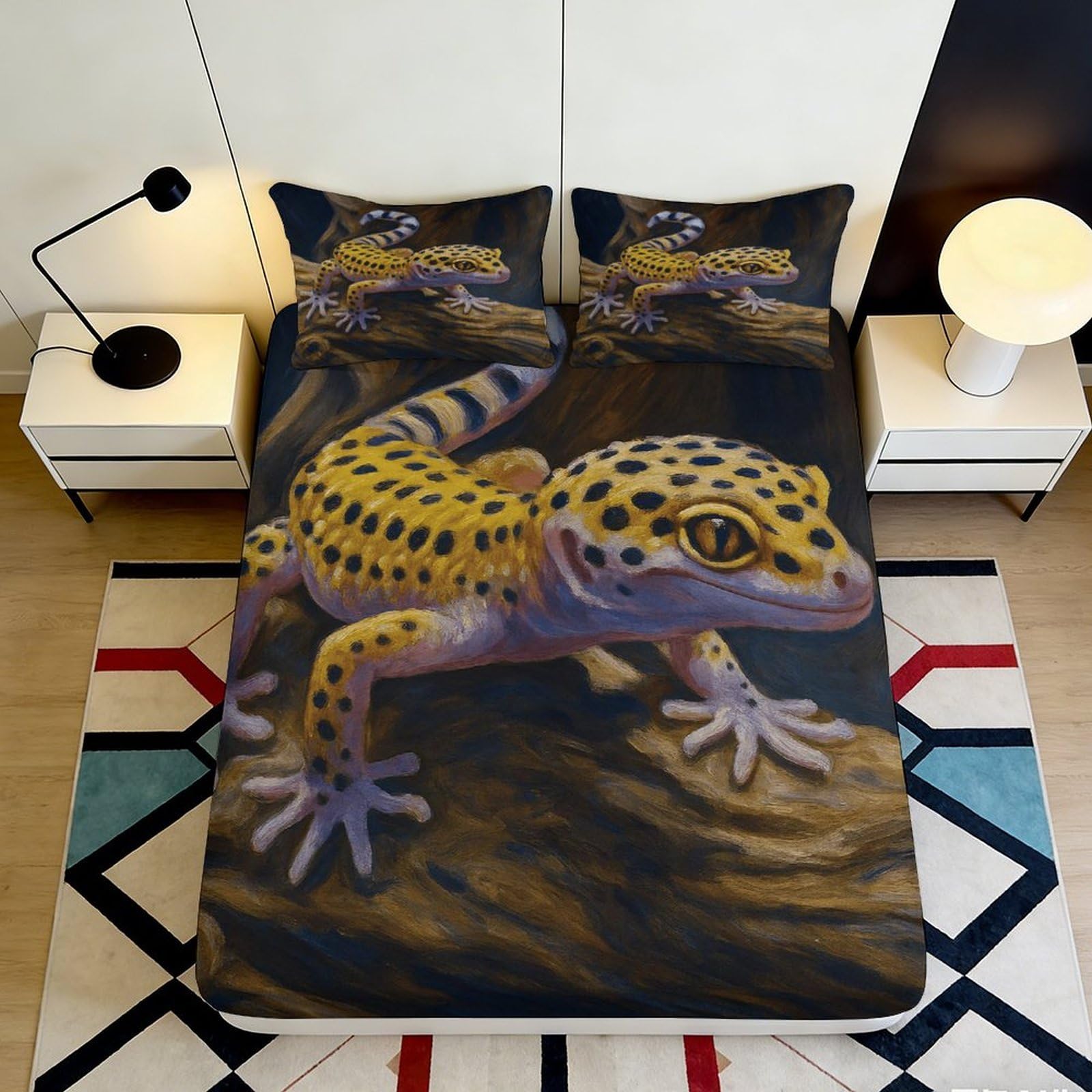 3D Printed Leopard Gecko Fitted Sheet Microfiber Soft Anti-Slip Yellow Spotted Reptile Bed Cover for Bedroom Dorm Decor 140x200x25cm