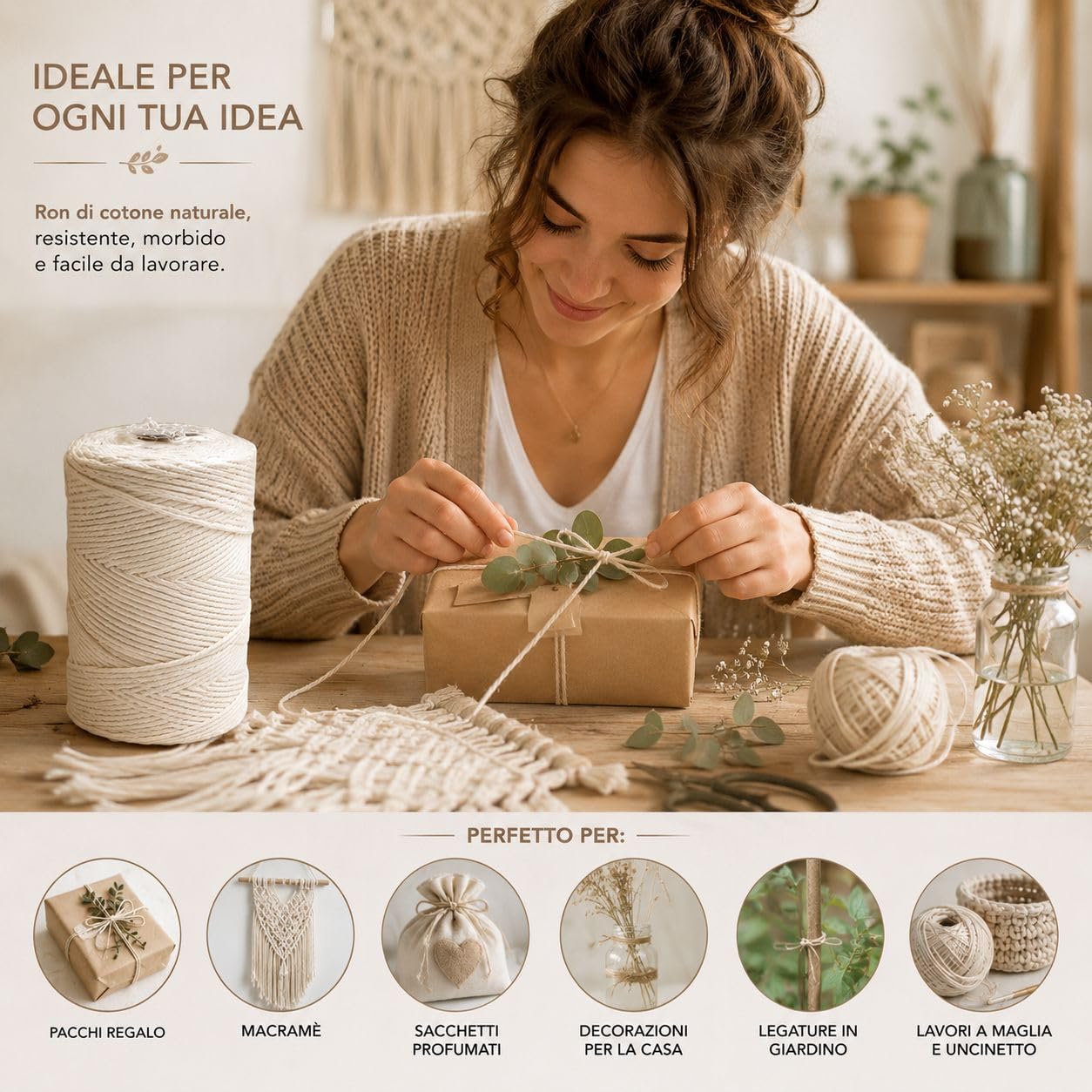 Spago in Cotone Naturale 1mm x 100g Bobina per Cucina Giardinaggio Fai da Te