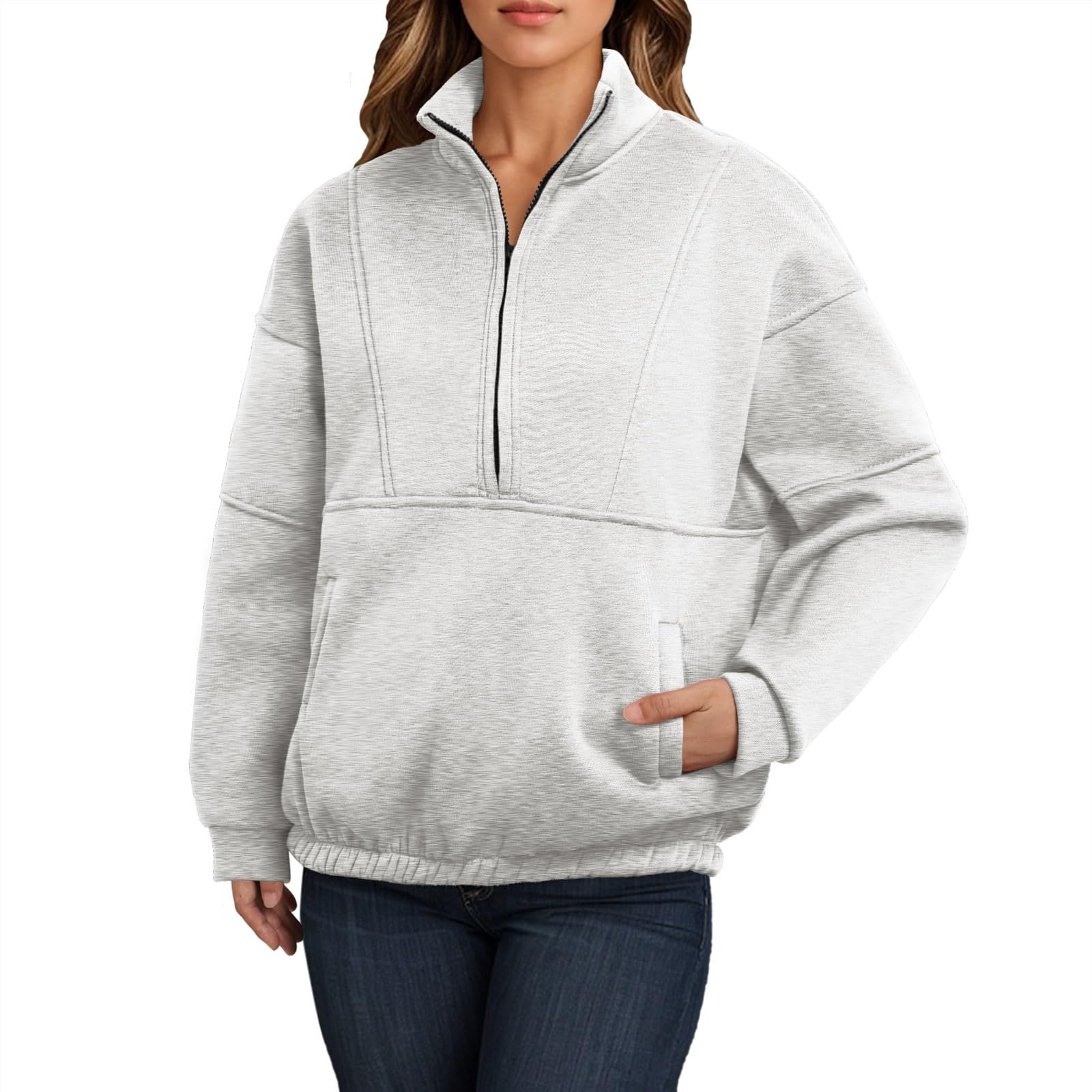 Sudaderas de moda con media cremallera para mujer, casual, manga larga, cuello con cremallera de un cuarto, trajes de invierno y otoño, cuello alto, ajuste holgado, lindas camisetas cómodas para mujer