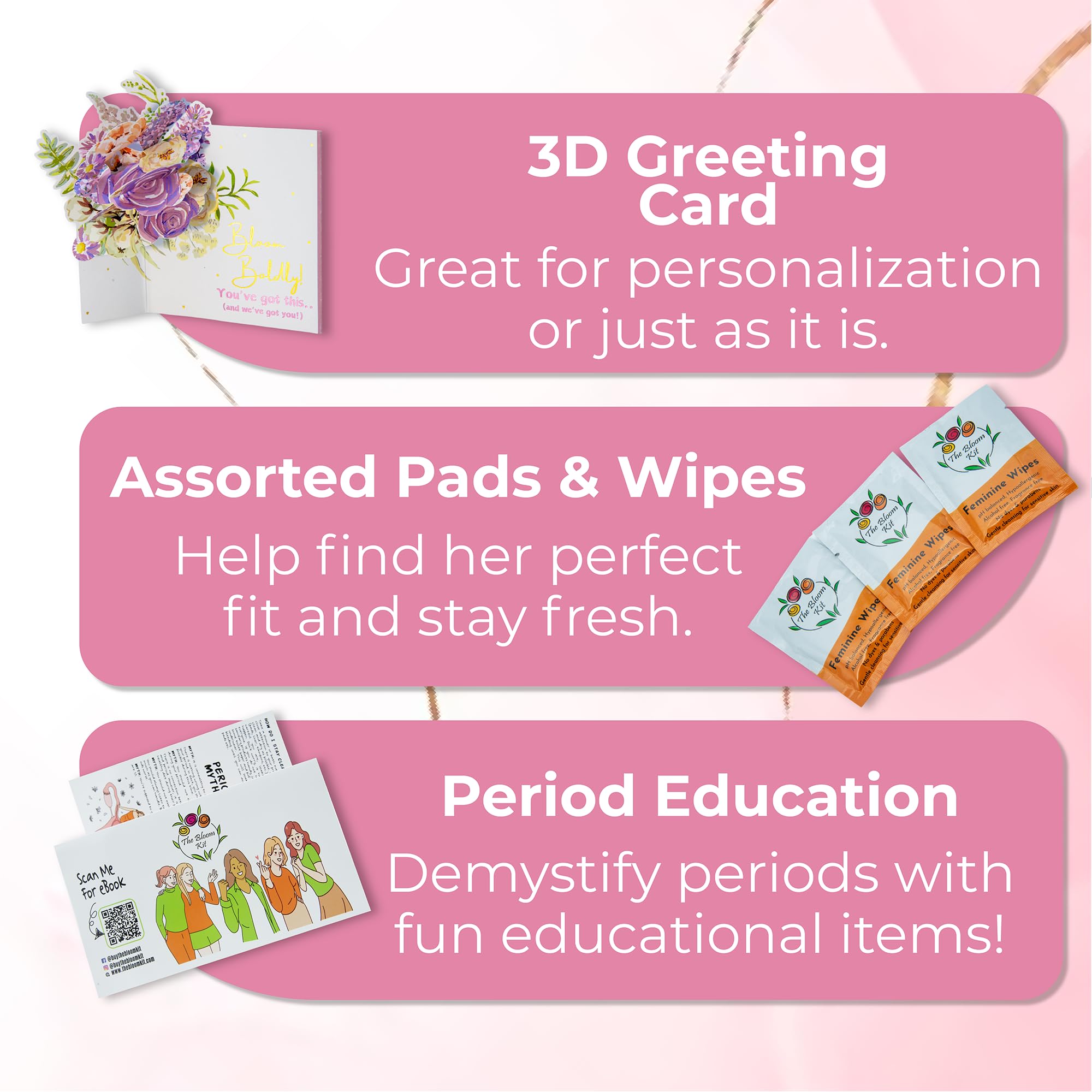 The Bloom First Period Kit for Girls 9-12 - 90 PC Period Starter Kit for Tweens - School Emergency Kit for Teen Girls with Cute Little Bags - First Period Gift Box (Green & Pink) Pack of 3