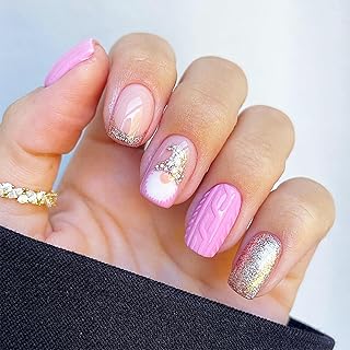 Pink Santa Claus Press on Nails - Sparkly Christmas Hat Short Square Glossy Silver Glitter Acrylic 24Pcs - 3D Curve Line Gel Glue on French Stick on for New Years Gift