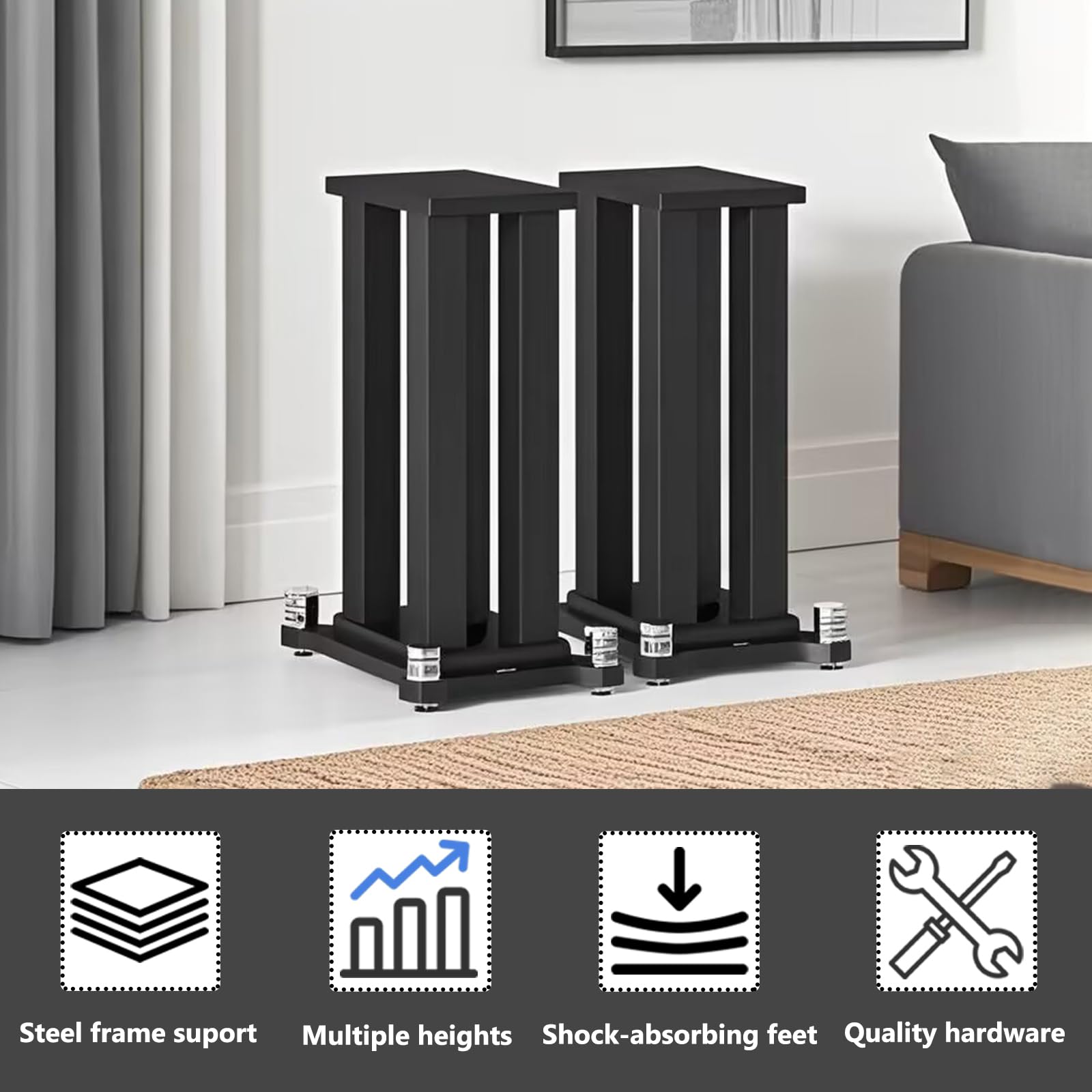 2er-Set lautsprecherständer, Stahlrahmenstütze Lautsprecher Stand für Lautsprecher mit bis zu 40KG, Vibrationsabsorbierendes MDF-Design, Verbessern Sie die Klangqualität (Black, 60cm)