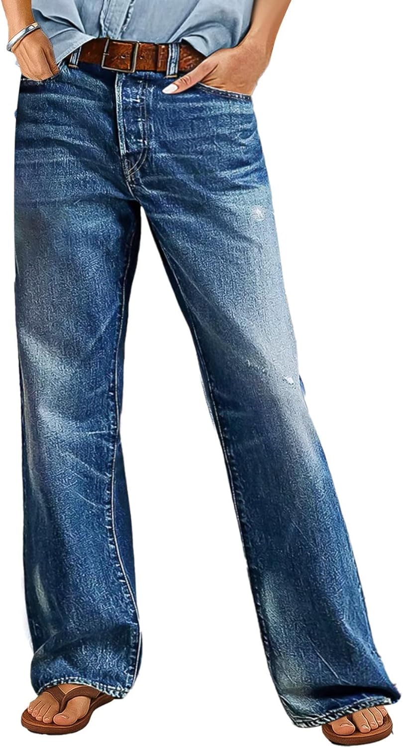 Flamingals Straight Leg Boyfriend Jeans for Women Trendy Mid Rise Wash Stretchy Casual Baggy Jeans