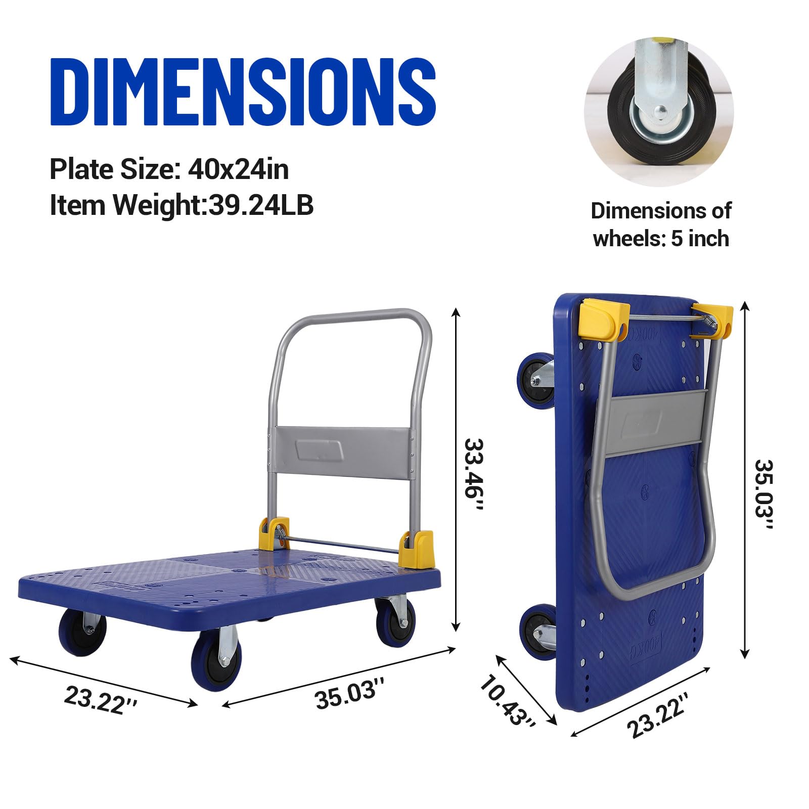Faltbarer Plattformwagen für Industrie – PP-Transportwagen 1320 lbs – Verstärkte Ladefläche 40x24 Zoll, 5" Gummirollen – Handwagen für Lager, Büro & Umzug, Größe: 40x24in, Tragkraft: 1320