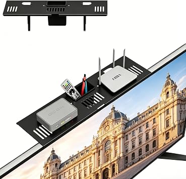 Universal Soundbar Mount - No Drilling Required Space-Saving TV Top Shelf Steel Frame Fits Most Soundbars Up to 15 lbs Compatible with Samsung, Sony, LG, Bose 16.9" with Storage Box