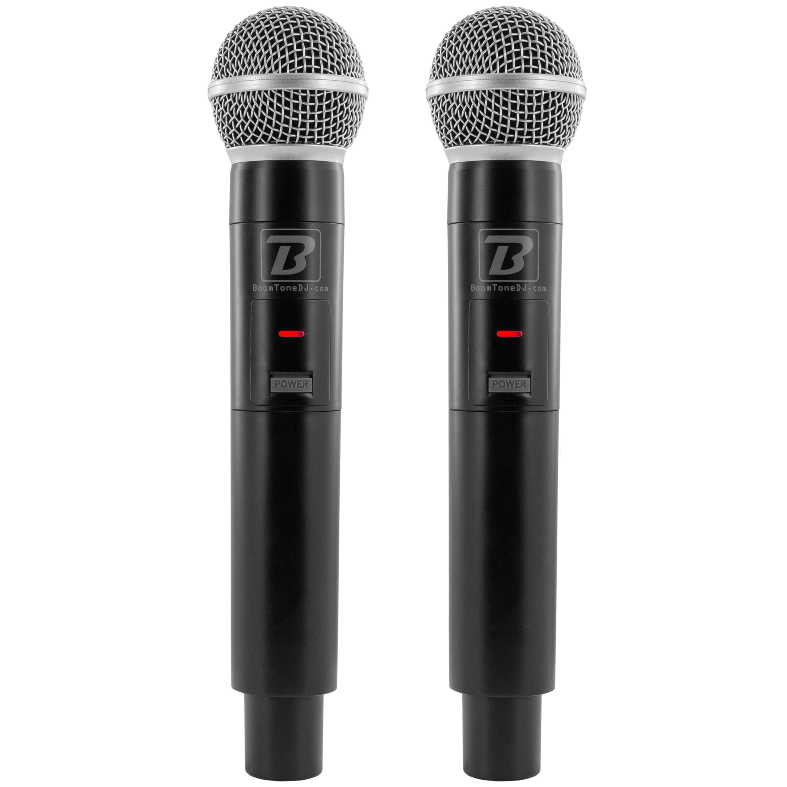 BoomToneDJ UHF Duo - Système Complet micros sans Fil UHF - 2 Microphones dynamiques Main - Double Canal - 663.5 et 682.2 MHz. Idéal pour Chant, Discours, Karaoke, Animation.