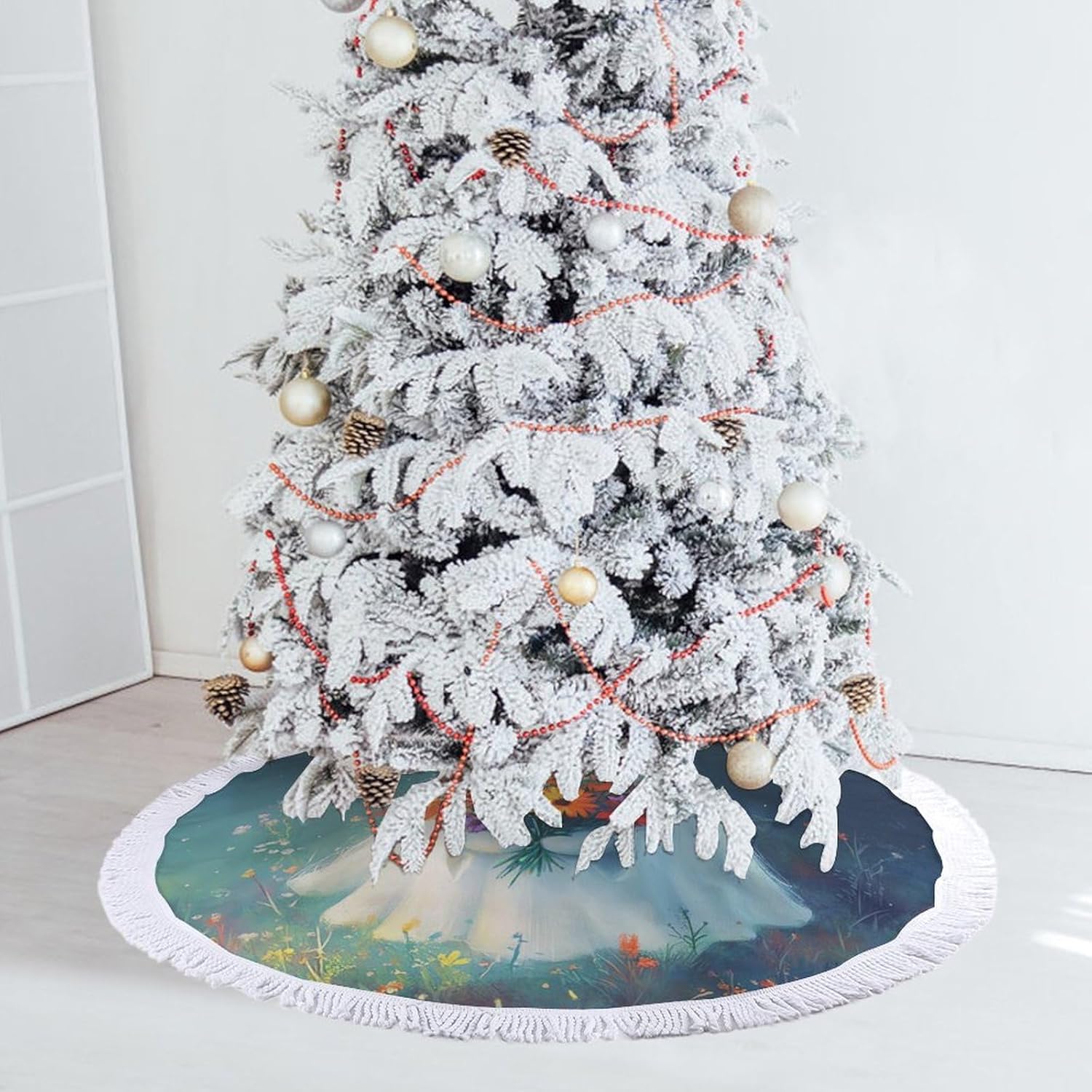 Ghost Flowers Christmas Tree Skirt Round Xmas Tree Mat Ornaments Tree Skirts with Tassels for Holiday Party