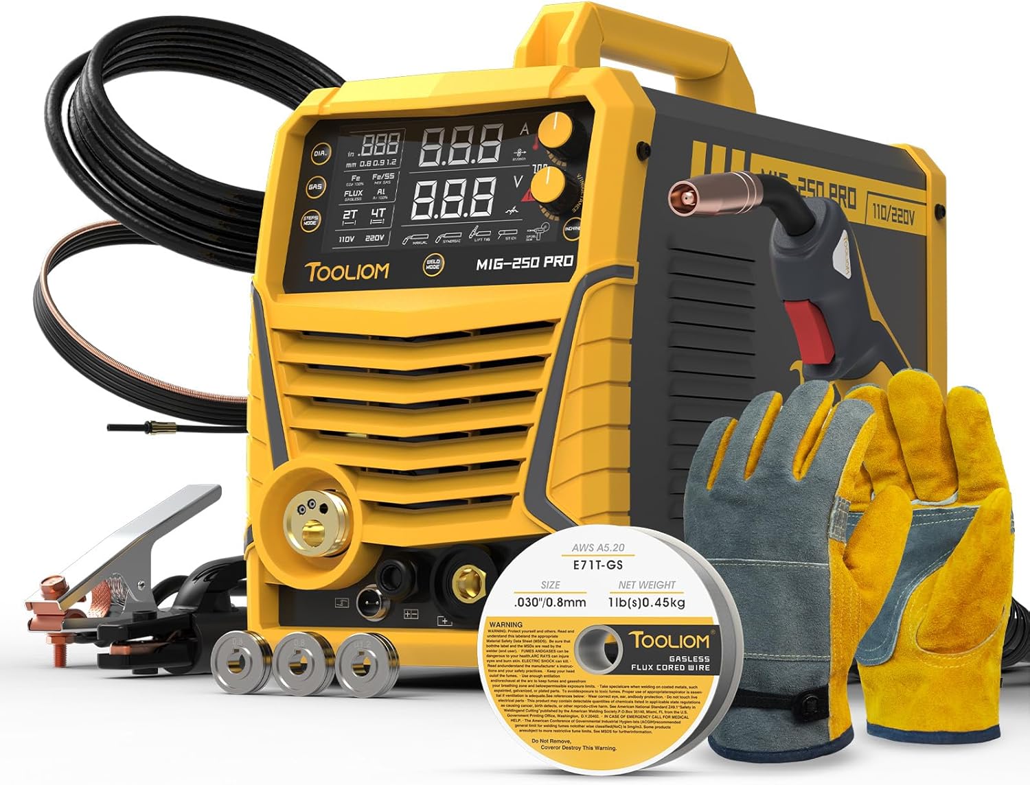 TOOLIOM Aluminum MIG Welder with Pulse 250A 110V/220V Dual Voltage 6 in 1 Multifunctional Welding Machine Pulsed MIG/Gas MIG/Flux Core/Spool Gun MIG/Lift TIG/Stick