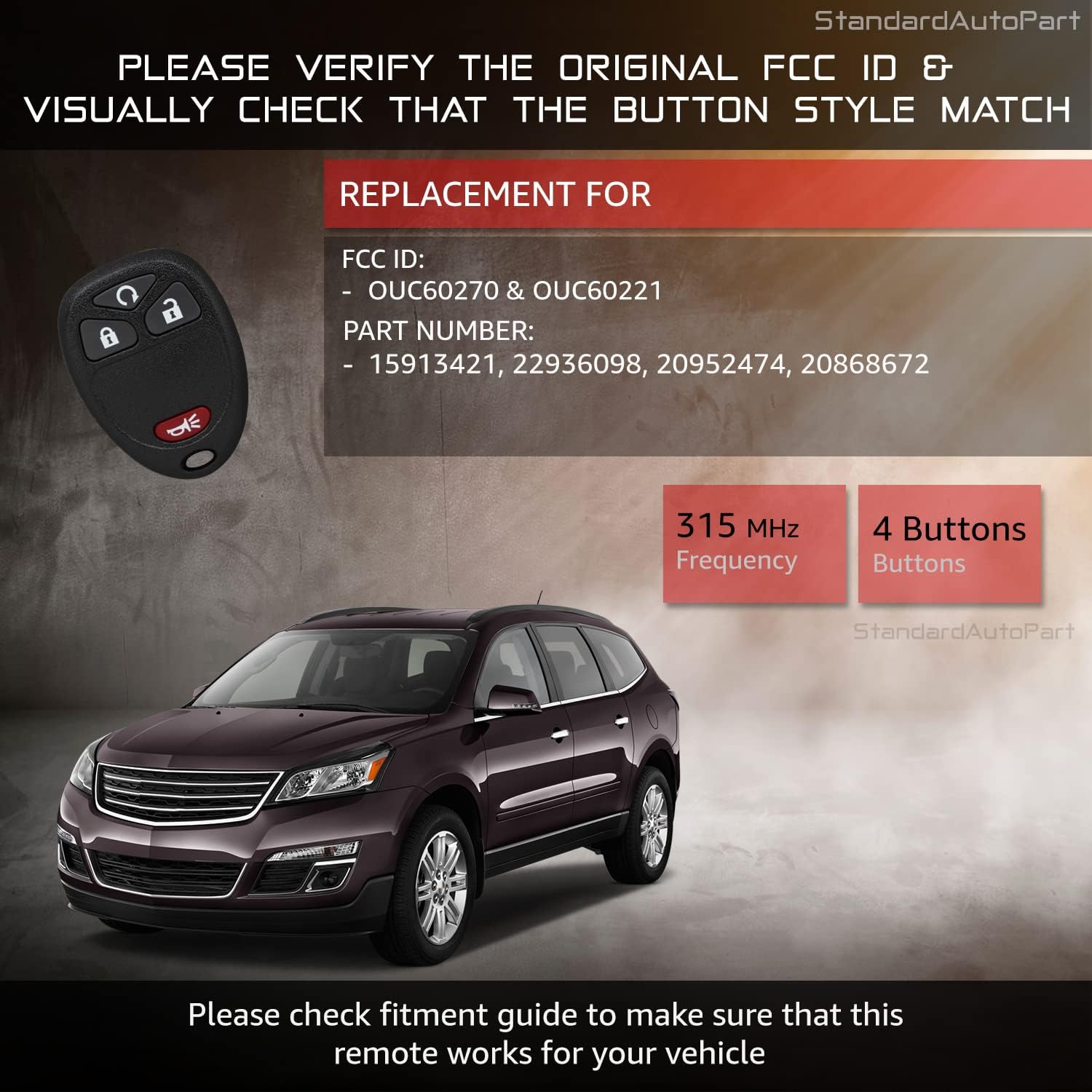 StandardAutoPart Keyless Entry Remote Key Fob Transmitter OUC60270 Compatible with Chevrolet Lucerne DTS Impala Escalade Equinox Suburban Tahoe Traverse Acadia Yukon Outlook (4 Button Remote Start)