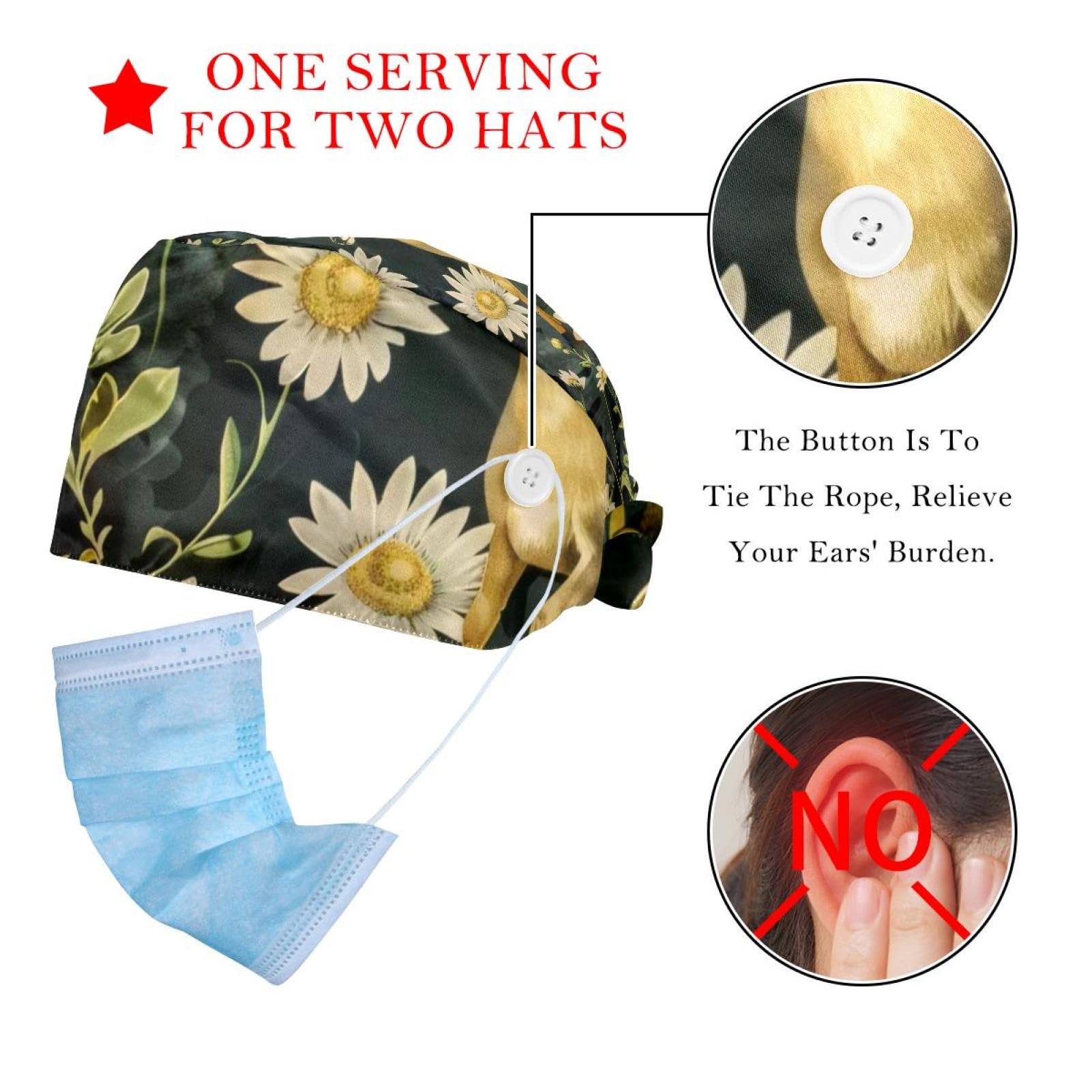 2 Pcs Deers Daisy Working Cap with Buttons Sweatband Adjustable Hats Tie Back Hats