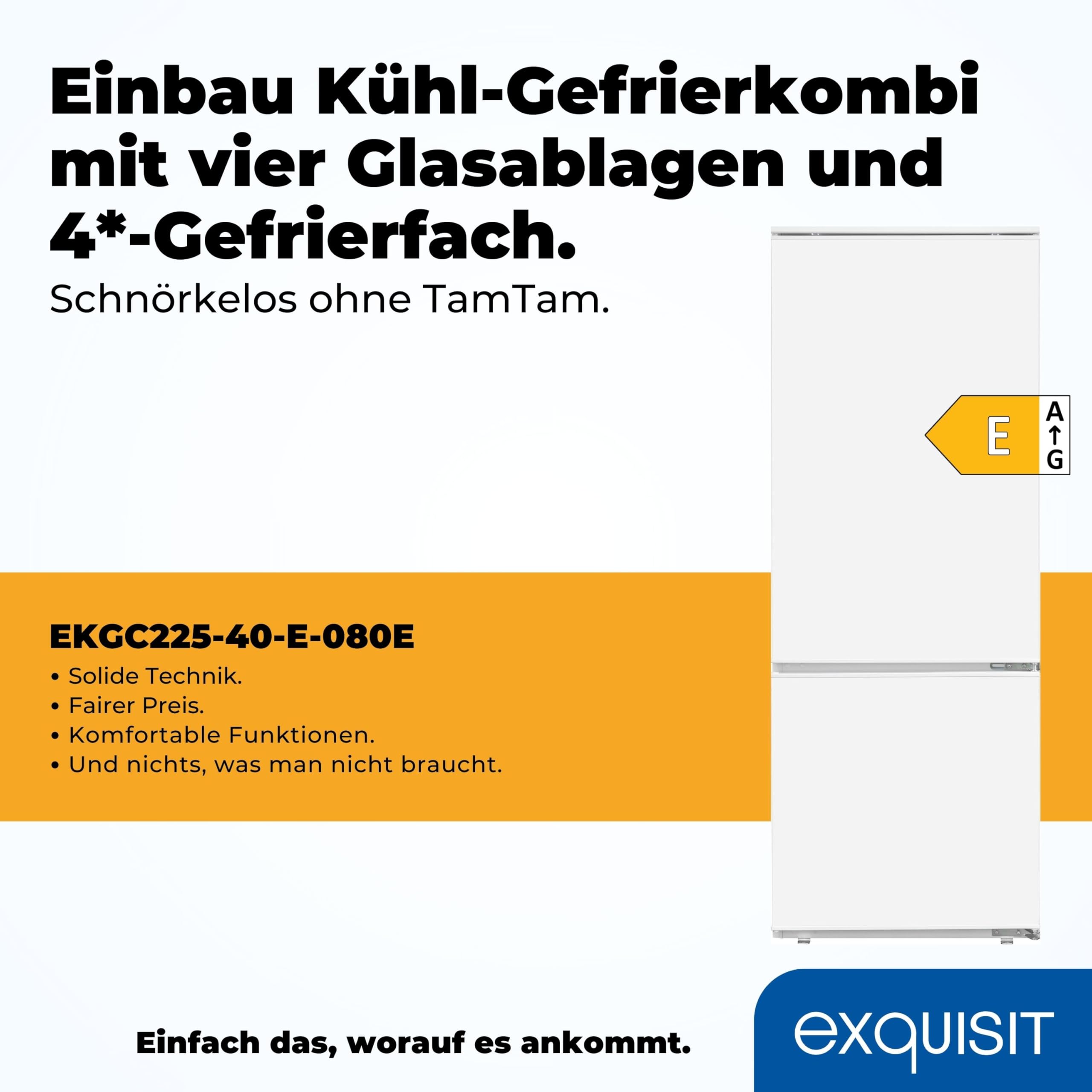 Exquisit Einbau-Kühl-Gefrierkombination 212 L, 145 cm, Klasse E | Schlepptürmontage für nahtlose Küchenintegration – 4-Sterne-Gefrierfach, 39 dB, ideal für 3–4 Personen