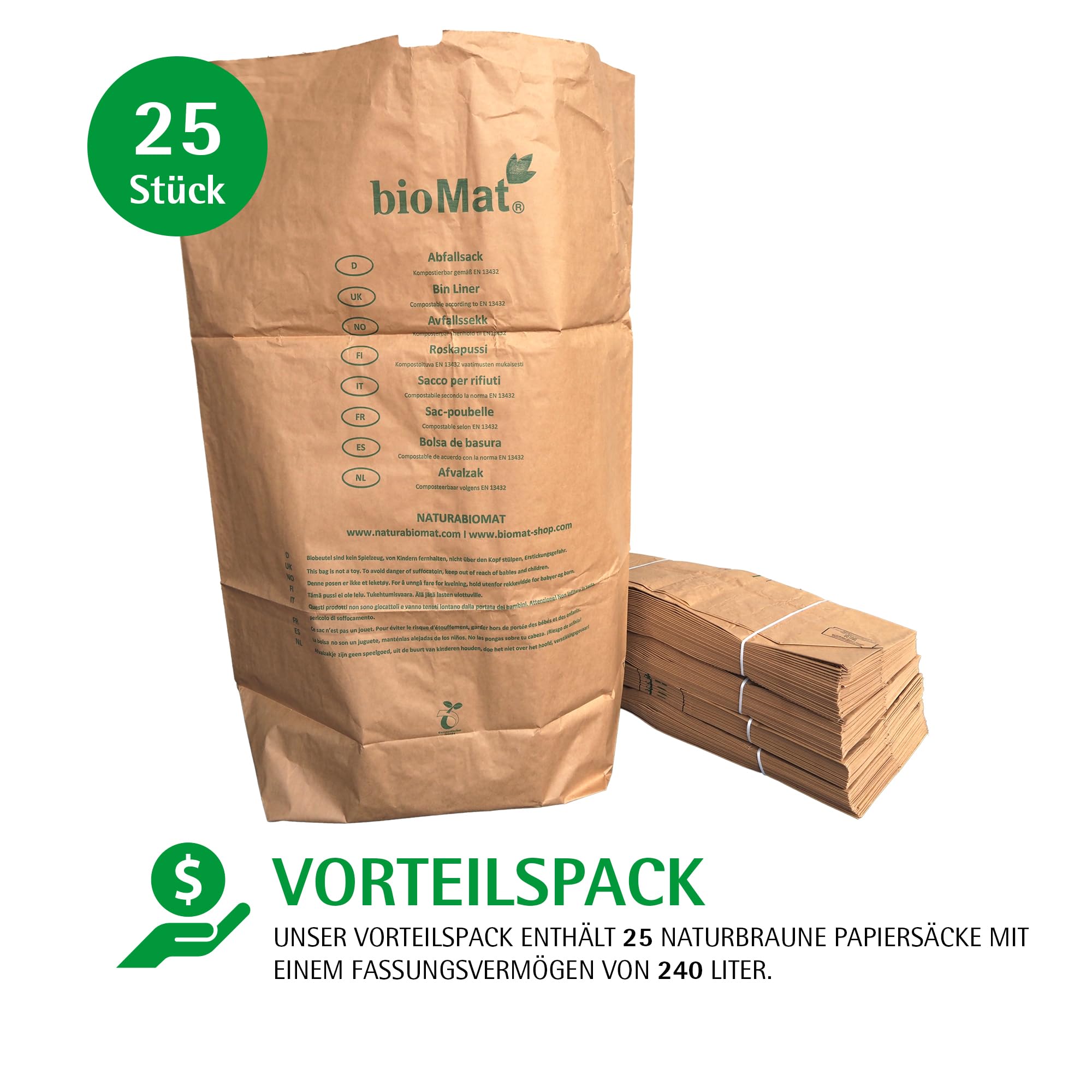 bioMat Kompostierbare Papiersäcke 240l aus Kraftpapier, 25 Papiertüten für Biotonne, 1-lagig, Reißfest, Nassfest