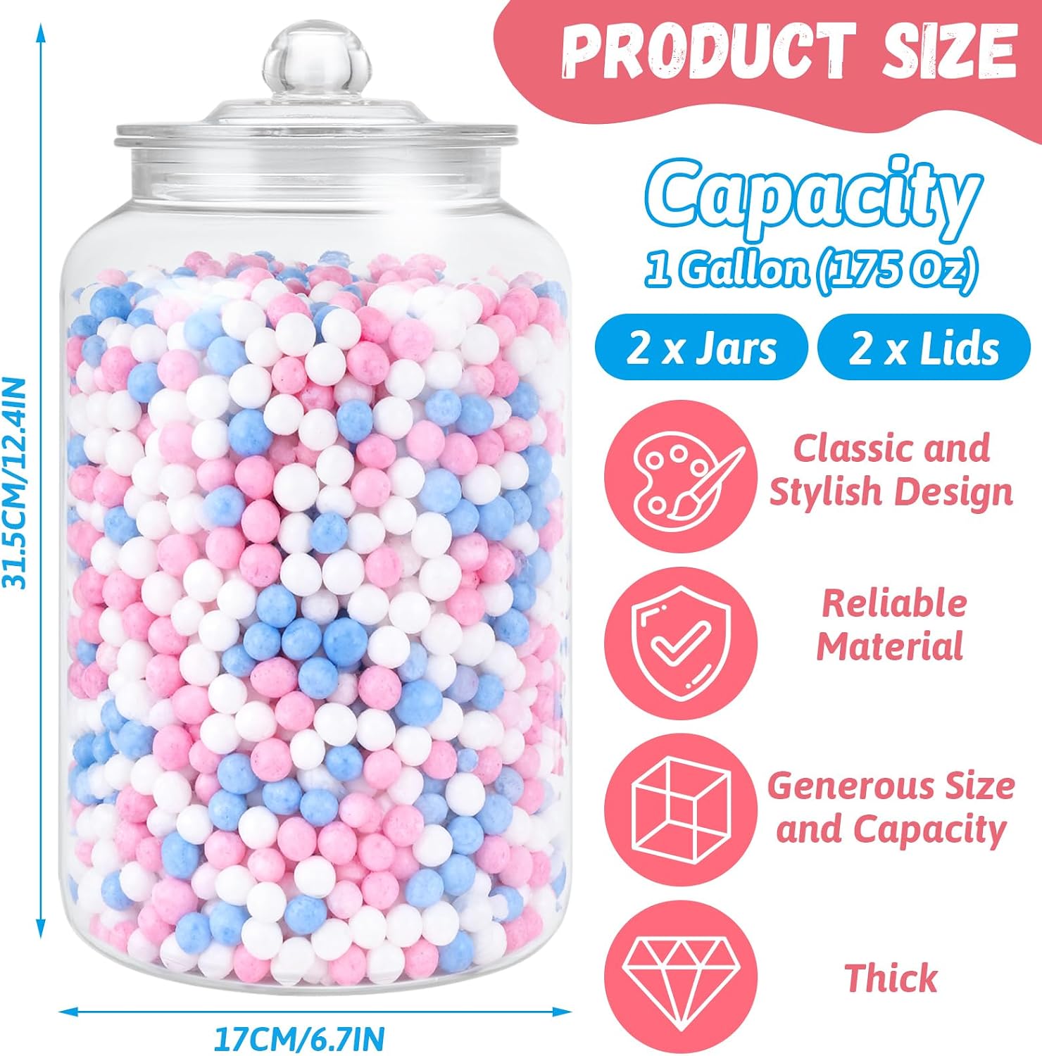 LANIAKEA 2PCS 176 Ounce Candy & Cookie Jar, 1.3 Gallon Plastic Jars with Lids Decorative Acrylic Clear Apothecary Jar for Vanity, Cookie, Candy, Snack and Dried Foods DIY Gift