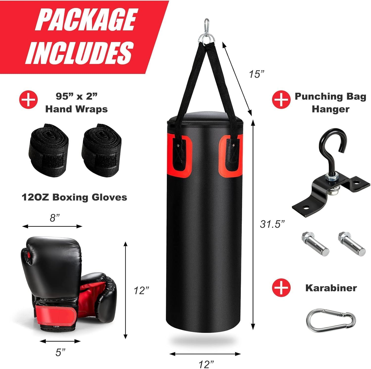 HOMGX 56LBS Adult Boxing Bag Set, Hanging Boxing Bag Set w/ 12 Ounce Perforated Gloves and Two 95 Inch Handbags, Pre Filled Heavy-Duty Boxing Bag for Adults