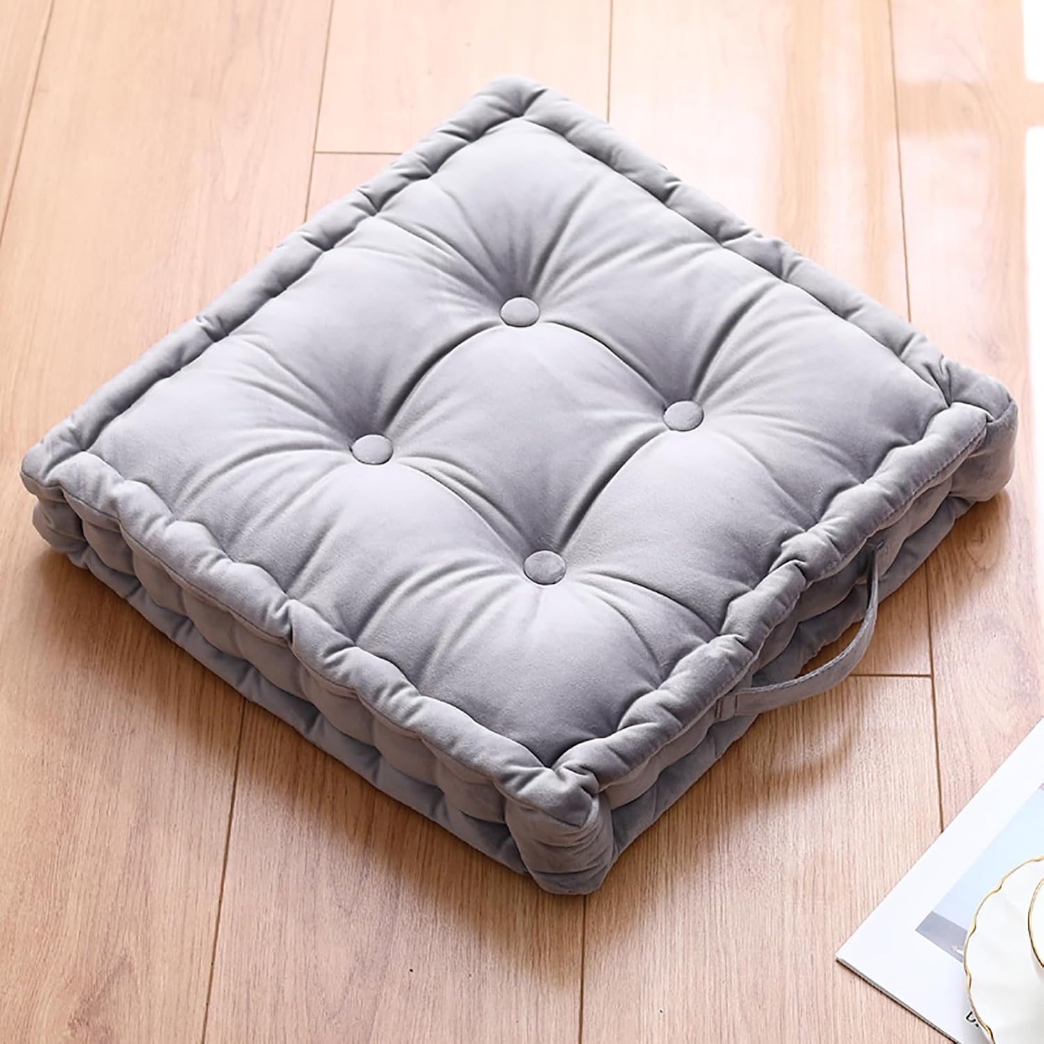 Tufted Padded Booster Cushion,Thick Square Seat Cushion with Carrying Handle,Plush Indoor Chair Cushions Tatami Floor Pillow Cushion-Brown,45x45cm