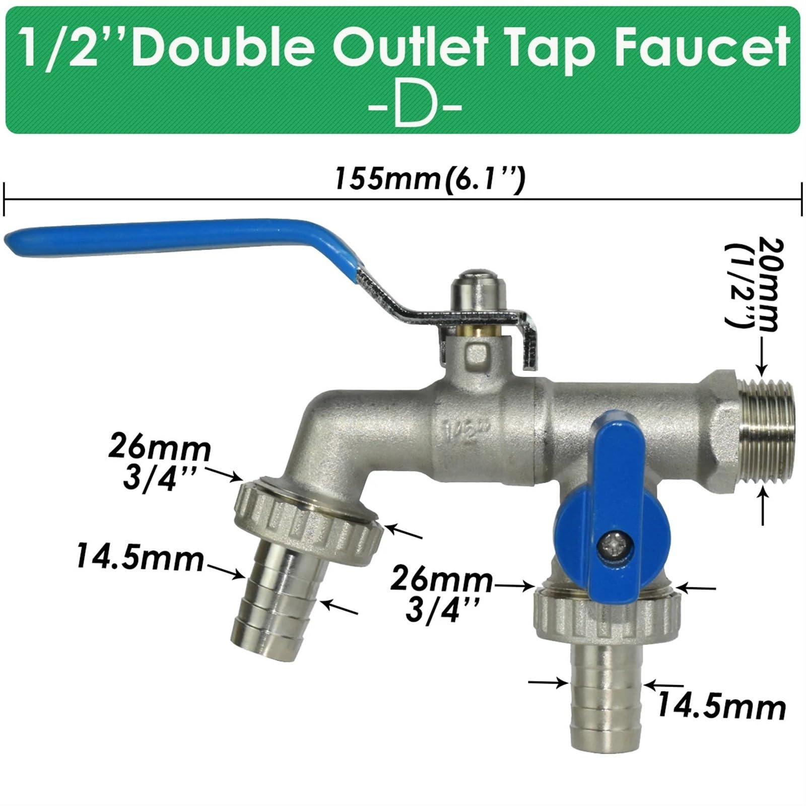 Sdoppiatore in ottone a 2 vie per rubinetto da giardino, connettore per serbatoio dell'acqua, adattatore per rubinetto, valvola di raccordo per tubo di irrigazione esterno per un sistema di