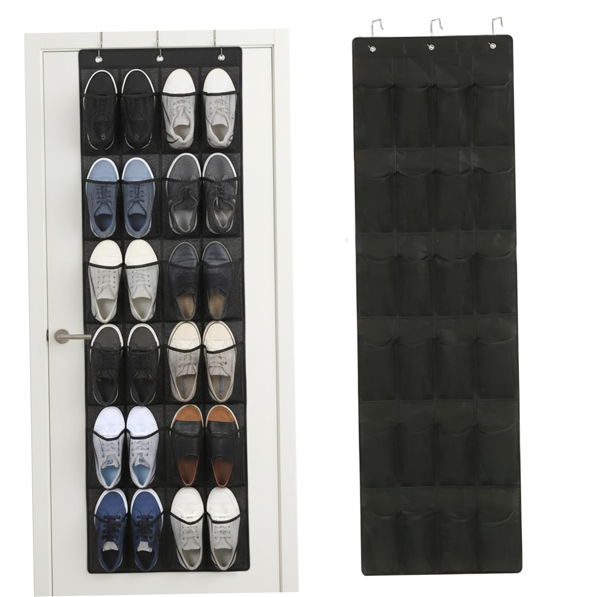 AwnsIMfreien Shoe Hanger for Door 24 Mesh Pocket over the Door Shoe Organizer Space Saving Hanging Storage Holder with Hooks 64x19 Inch Black, Hanging Organizer