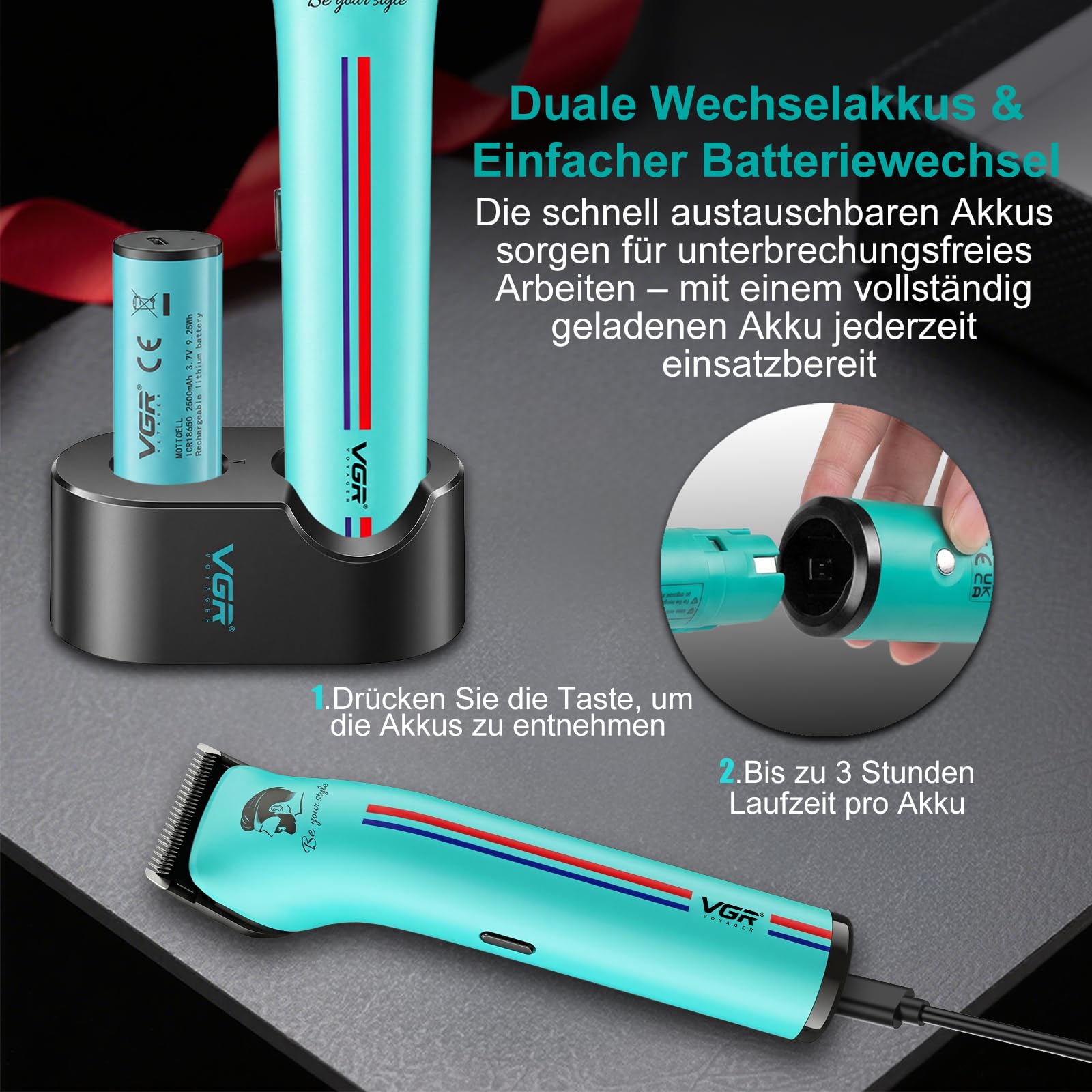 VGR 160 Haarschneidemaschine Profi Mit Klinge aus Keramikmetall, Grün | Clipper Haarschneider mit Rückenverstellung, Profi Haarschneidemaschine mit Batterie Ersetzenm, Hair Clipper mit Lagerbasis