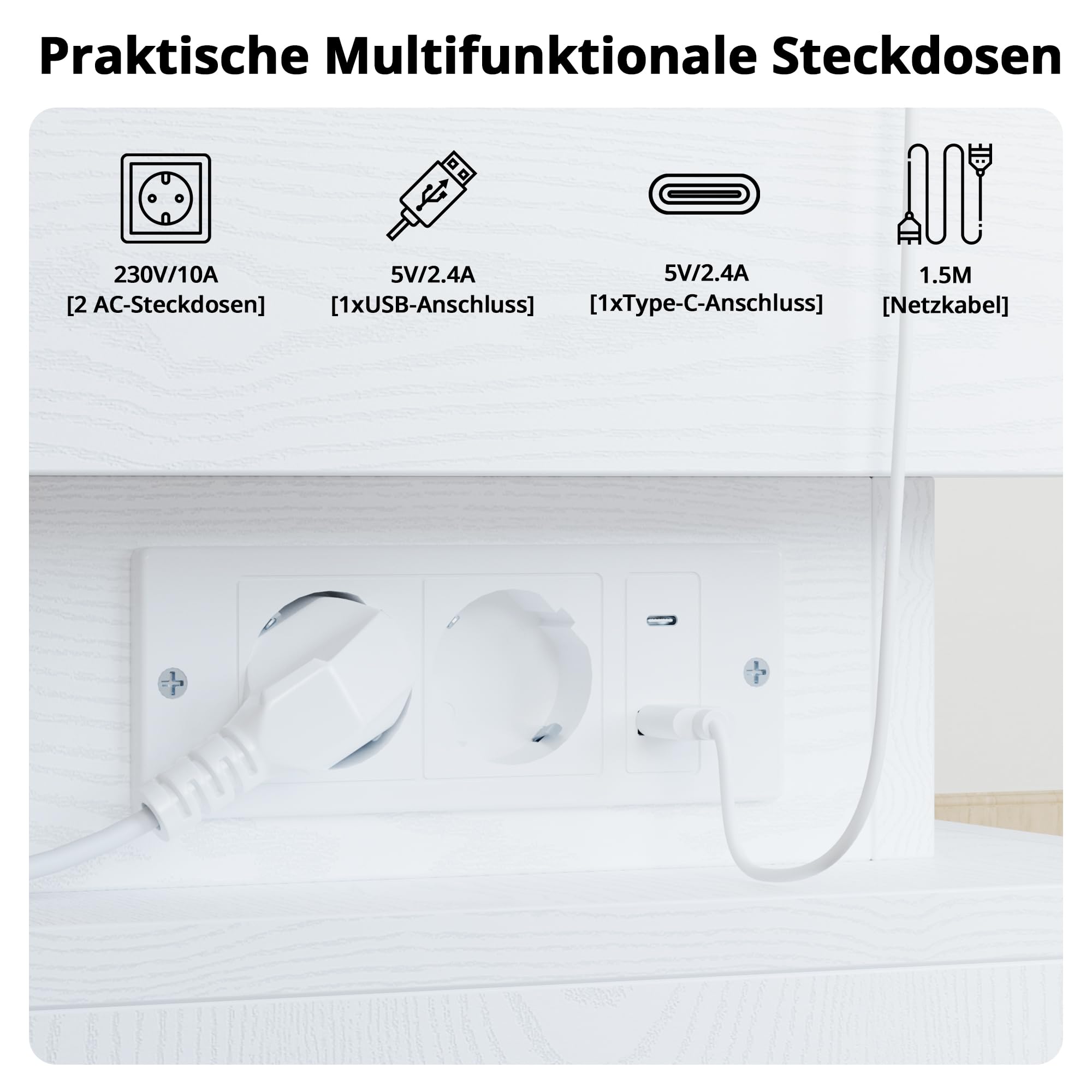 IRONCK Nachttisch, Nachtschrank mit LED-Beleuchtung, Beistelltisch mit 3 Schubladen, 1 USB- & 1 Typ-C-Anschluss und Schloss, Sofatisch für Wohnzimmer, Schlafzimmer, Weiß