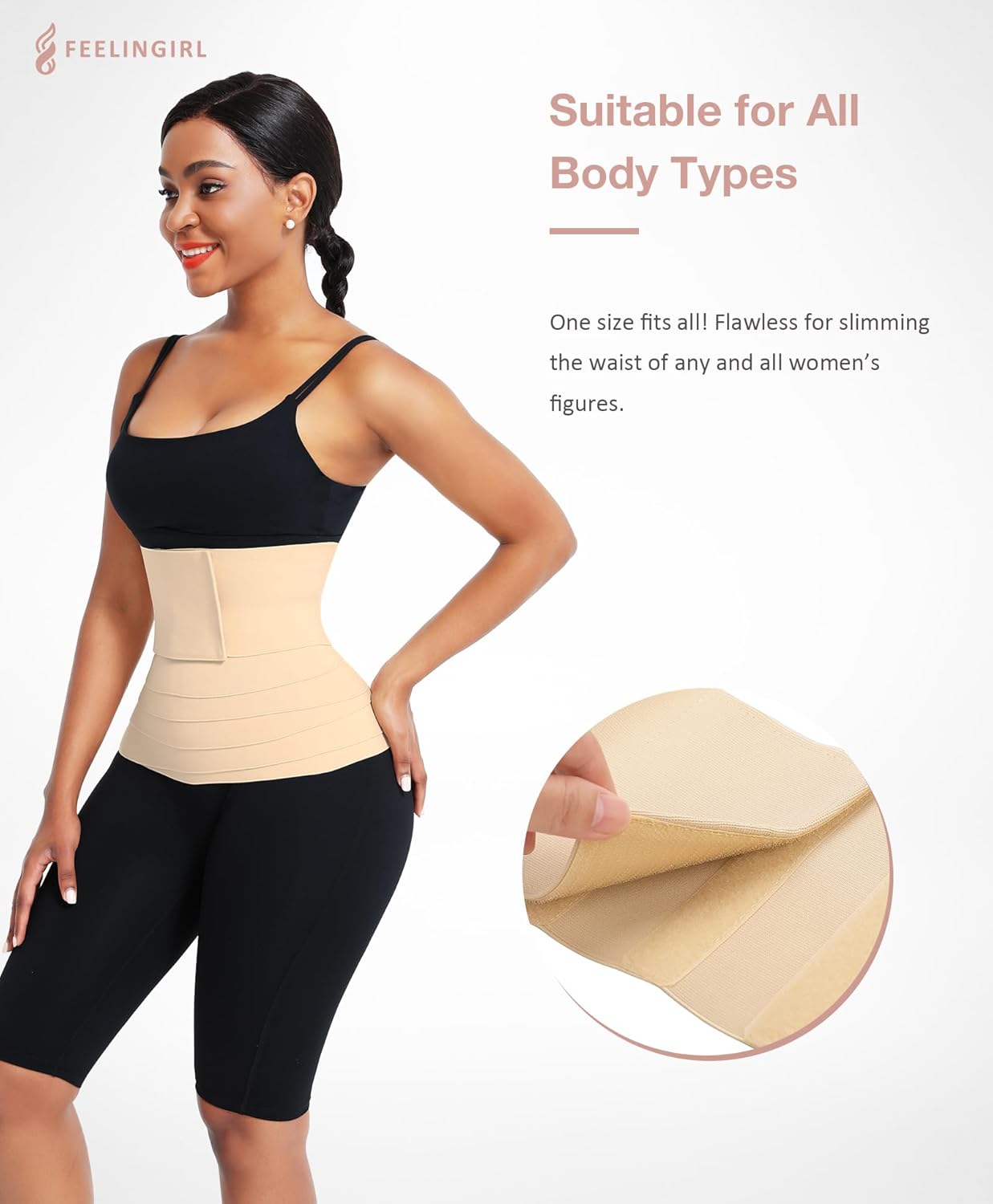 FeelinGirl Waist Trainer for Women Trimmer Belt Waist Cincher Tummy Wrap Plus Size Body Shaper (One Size, Beige) - Image 5