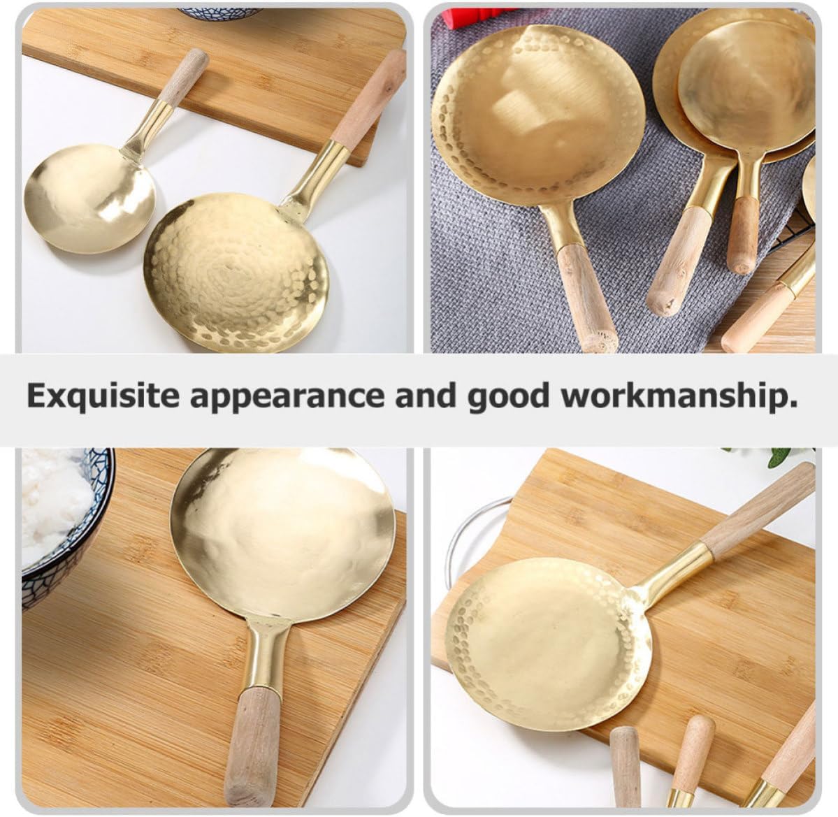 Handheld Copper Tofu Serving Spoon with Wooden Handle, Non-skid Grip