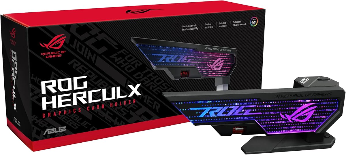 ROG Herculx GPU Anti-Sag Holder, Solid Zinc Alloy Construction, Easy Toolless Installation, Included Spirit Level, Adjustable Height, Wide Compatibility, Aura Sync RGB, 2 Year Warranty