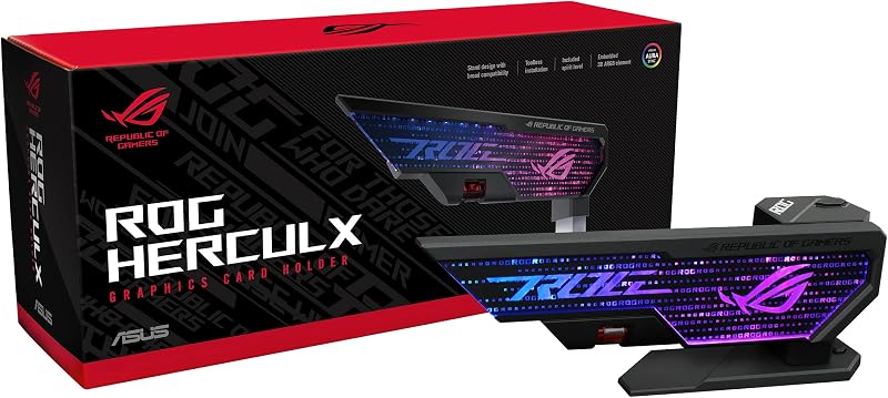 ROG Herculx GPU Anti-Sag Holder, Solid Zinc Alloy Construction, Easy Toolless Installation, Included Spirit Level, Adjustable Height, Wide Compatibility, Aura Sync RGB, 2 Year Warranty