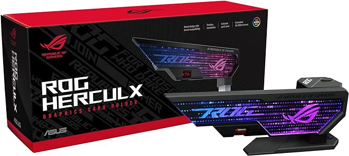ASUS ROG Herculx - Soporte para Tarjetas gráficas (Instalación sin Herramientas, Nivel de Burbuja magnética incluida, Integridad Estructural para Las gráficas más Pesadas, 72-128mm, Aura Sync) Negro