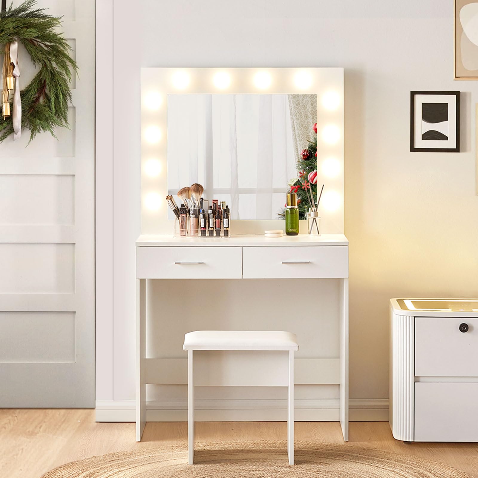CLIPOP Tocador Mesa de Maquillaje con Bombillas LED y Espejo,Tocador con 2 cajones y Taburete, Escritorio de Maquillaje Blanco para niñas y Mujeres