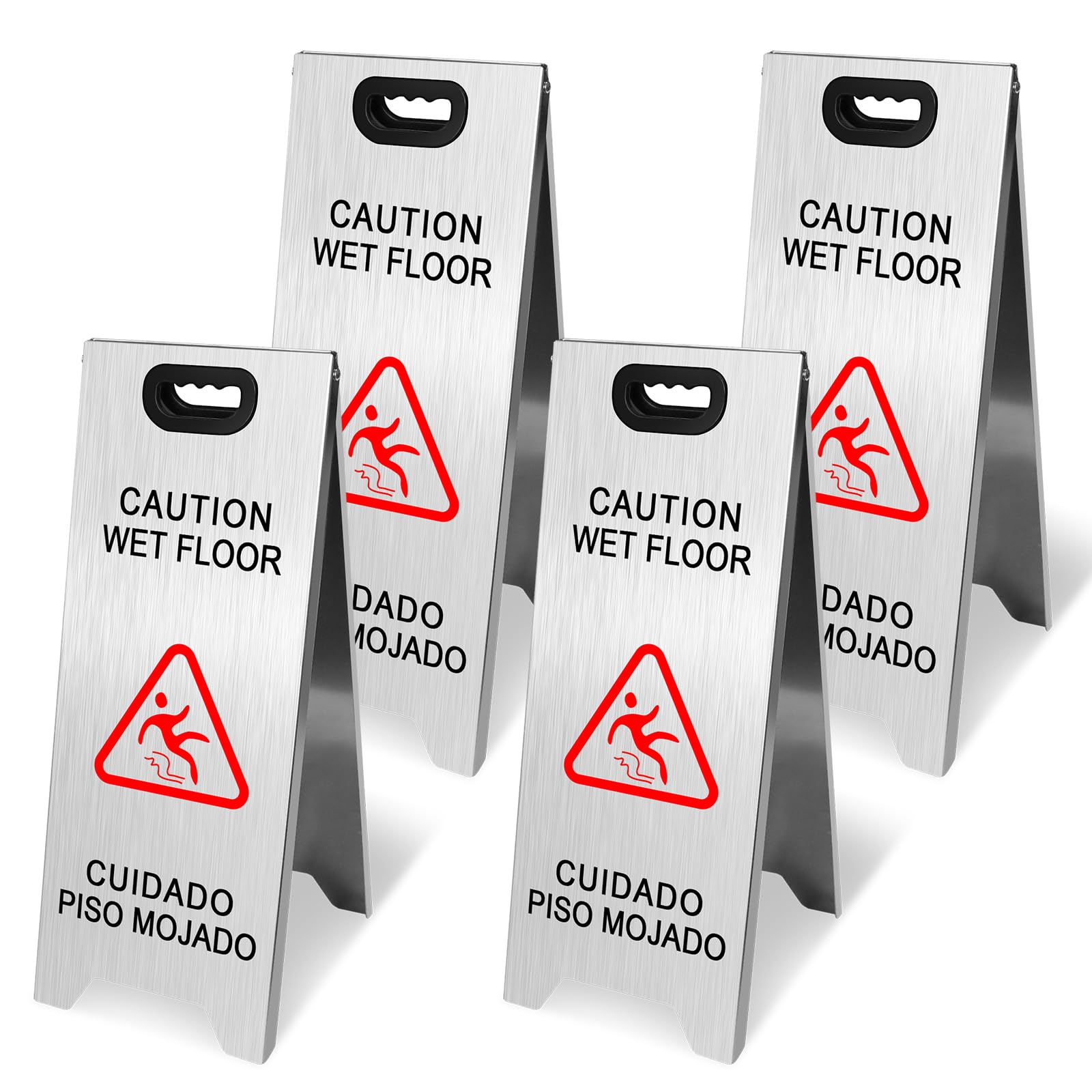 Kerty 4 Pack Stainless Steel Wet Floor Sign, 24 Inch Caution Wet Floor Sign Portable Foldable Bilingual Safety Warning for Hotel Market Restroom Restaurant Office (Silver)