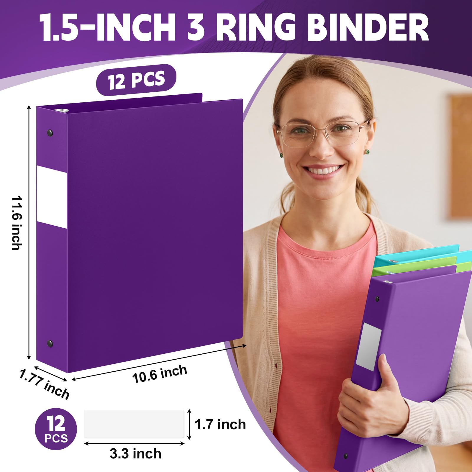 Henoyso Confezione da 12 raccoglitori trasparenti a 3 anelli da 3,8 cm, con 2 tasche, contiene 350 fogli di carta da 21,5 cm x 28 cm, raccoglitori di grande capacità per scuola, lavoro, ufficio o casa