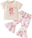 Toddler Girl Western Outfit Infant Cowgirl Clothes Farm Floral Short Sleeve Tassel Hem Top Flare Pant Headband Sets