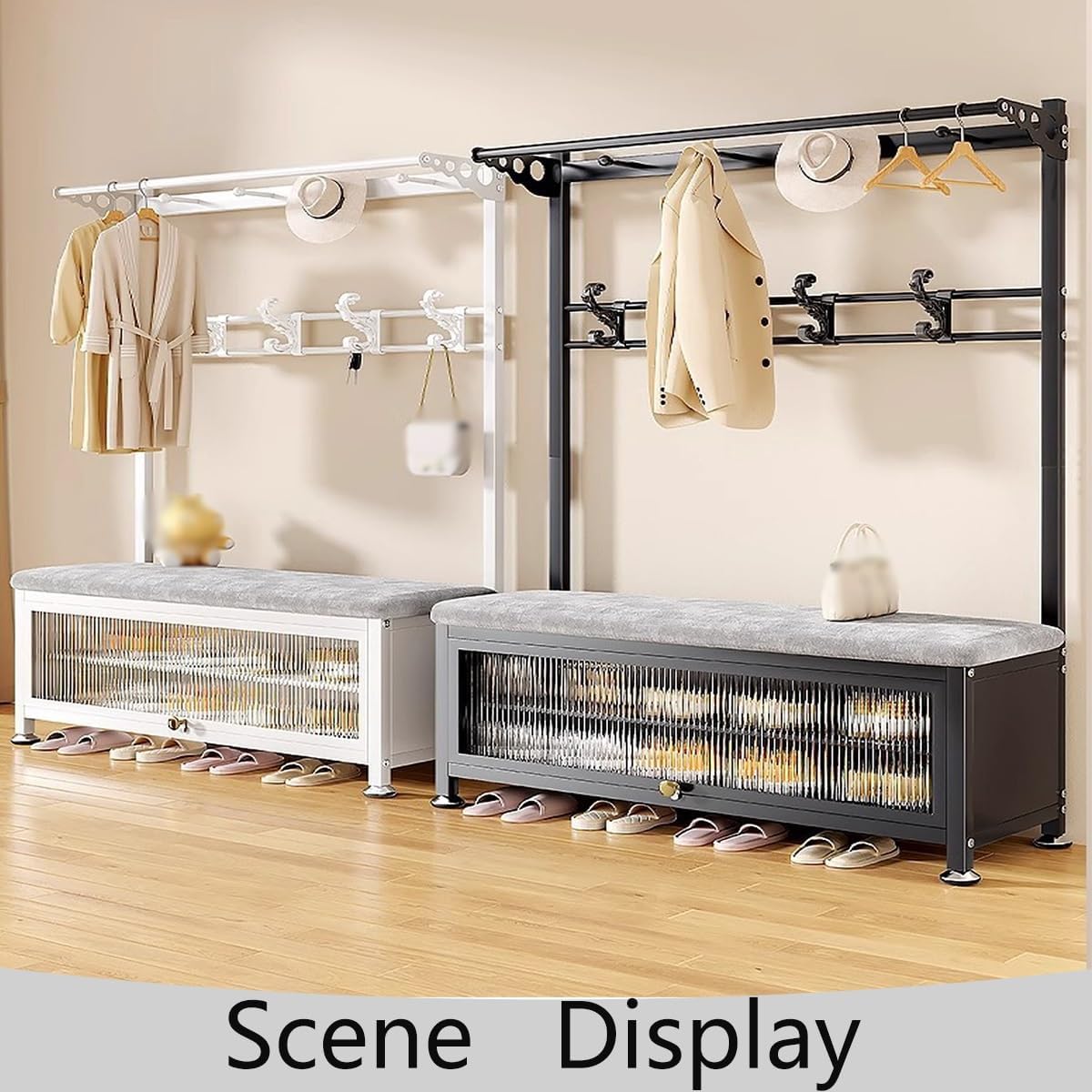 Hall Tree with Bench and Storage, Shoe and Coat Rack for entryway,Steel Frame, Multi-Purpose Coat Hanger for Entryway/Office/Bedroom(White,31.5 * 14.17 * 67.72in)