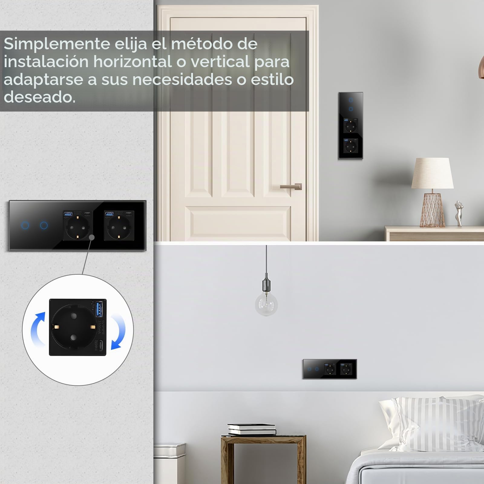 CNBINGO Interruptor de luz táctil con doble enchufe con puertos USB (tipo C y tipo A 3,1 amp total) – Enchufe USB Schuko empotrado – Interruptor de pared de cristal simple en Negro – 2 vía